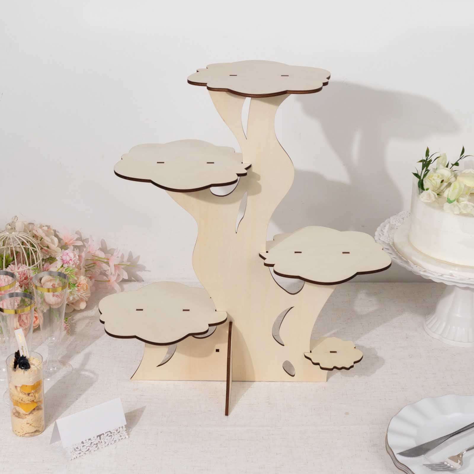 5-Tier Wooden Cake Stand Natural Tree Tower Design with Laser Cut Details - Rustic Cupcake Dessert Display 19" Tall - Image 4