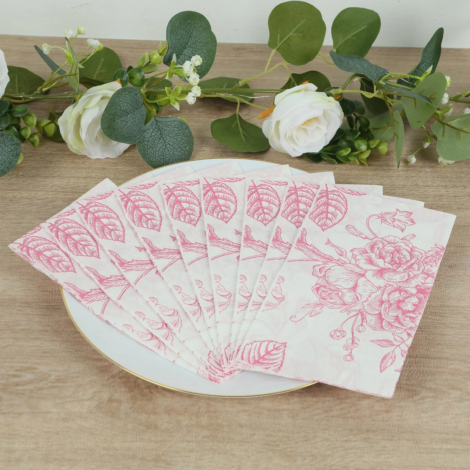 50 Pack 2-Ply Paper Party Napkins in French Toile Floral Pattern, Matte Pink and White Highly Absorbent Soft Disposable Dinner Napkins - Image 8