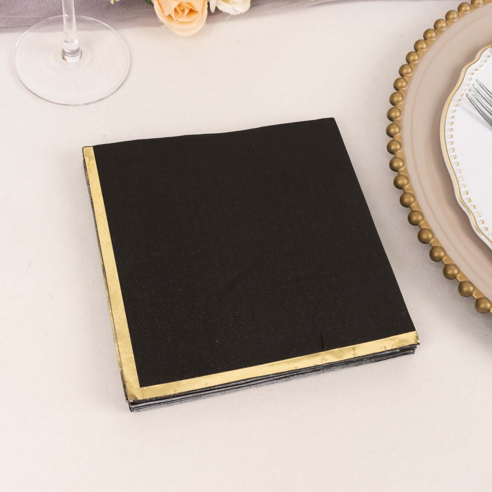 50-Pack Paper Beverage Napkins with Gold Foil Edge Black - Disposable 2 Ply Cocktail Napkins for Events 6.5"x6.5" - Image 6