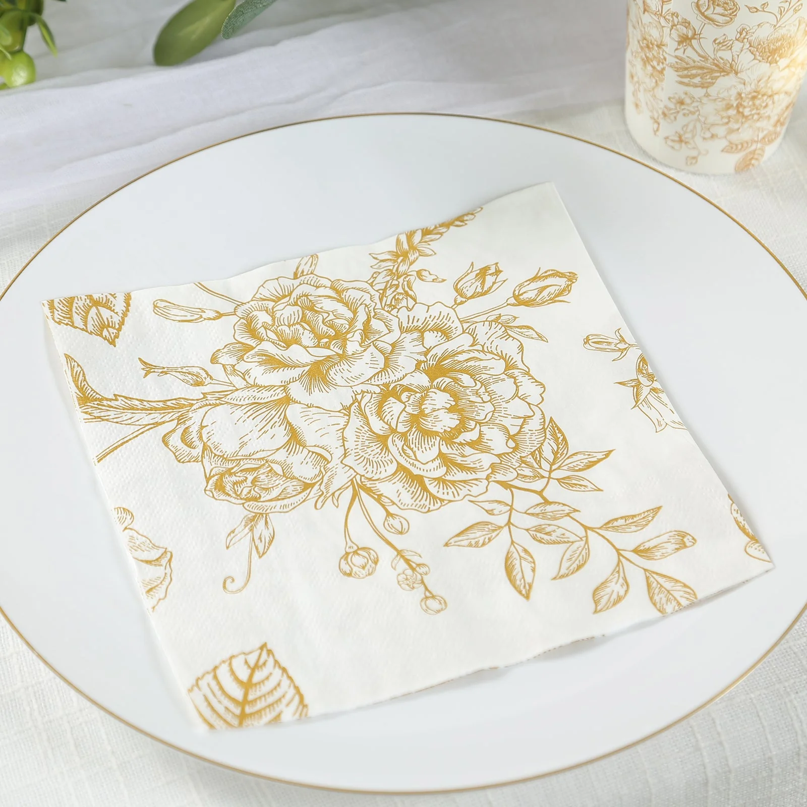 50-Pack Paper Cocktail Napkins with French Toile Floral Pattern White/Gold - Soft 2 Ply Beverage Napkins for Events - Image 5