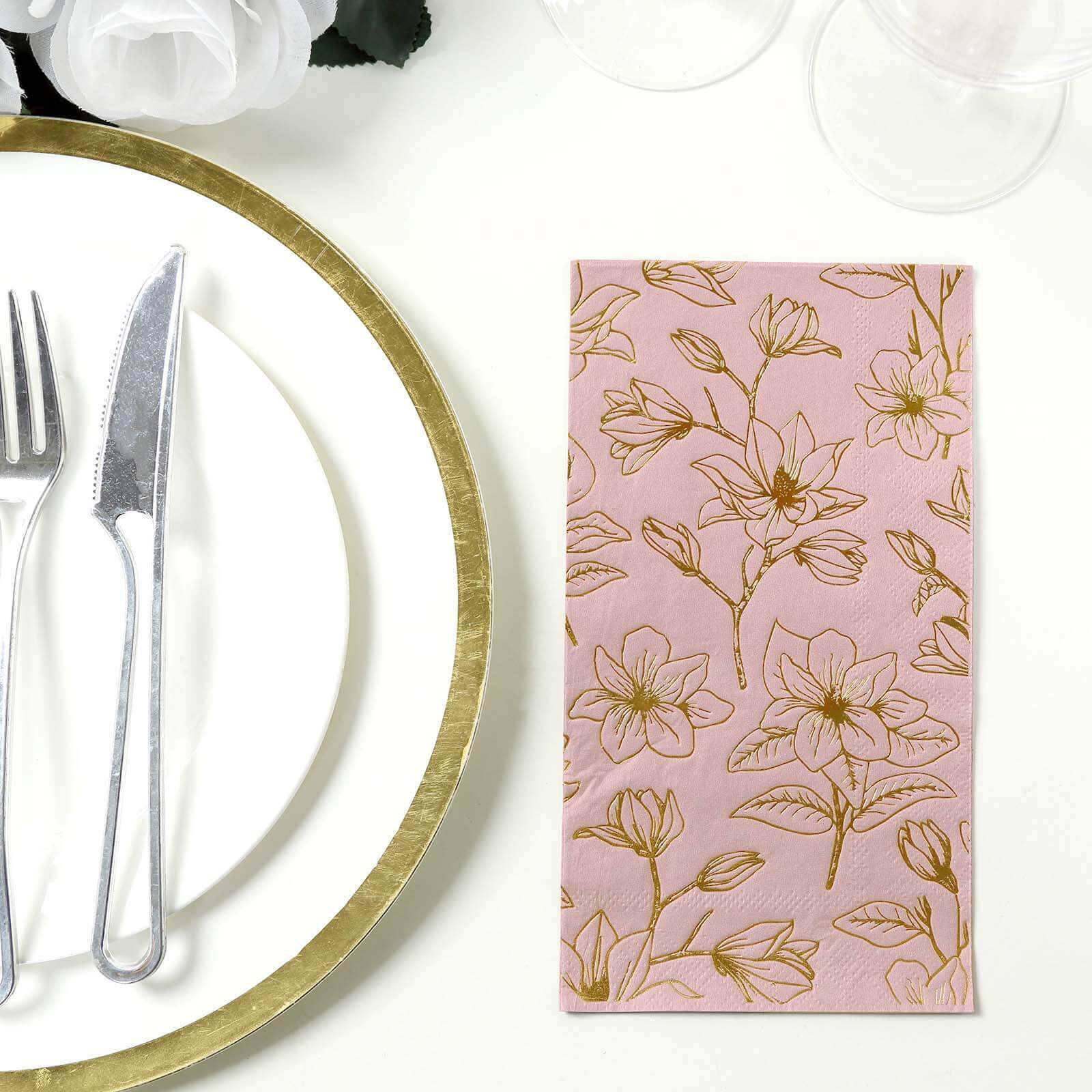 50-Pack Paper Dinner Napkins Dusty Rose with Gold Magnolia Flowers Print 2-Ply - Disposable Soft Napkins for Parties - Image 2
