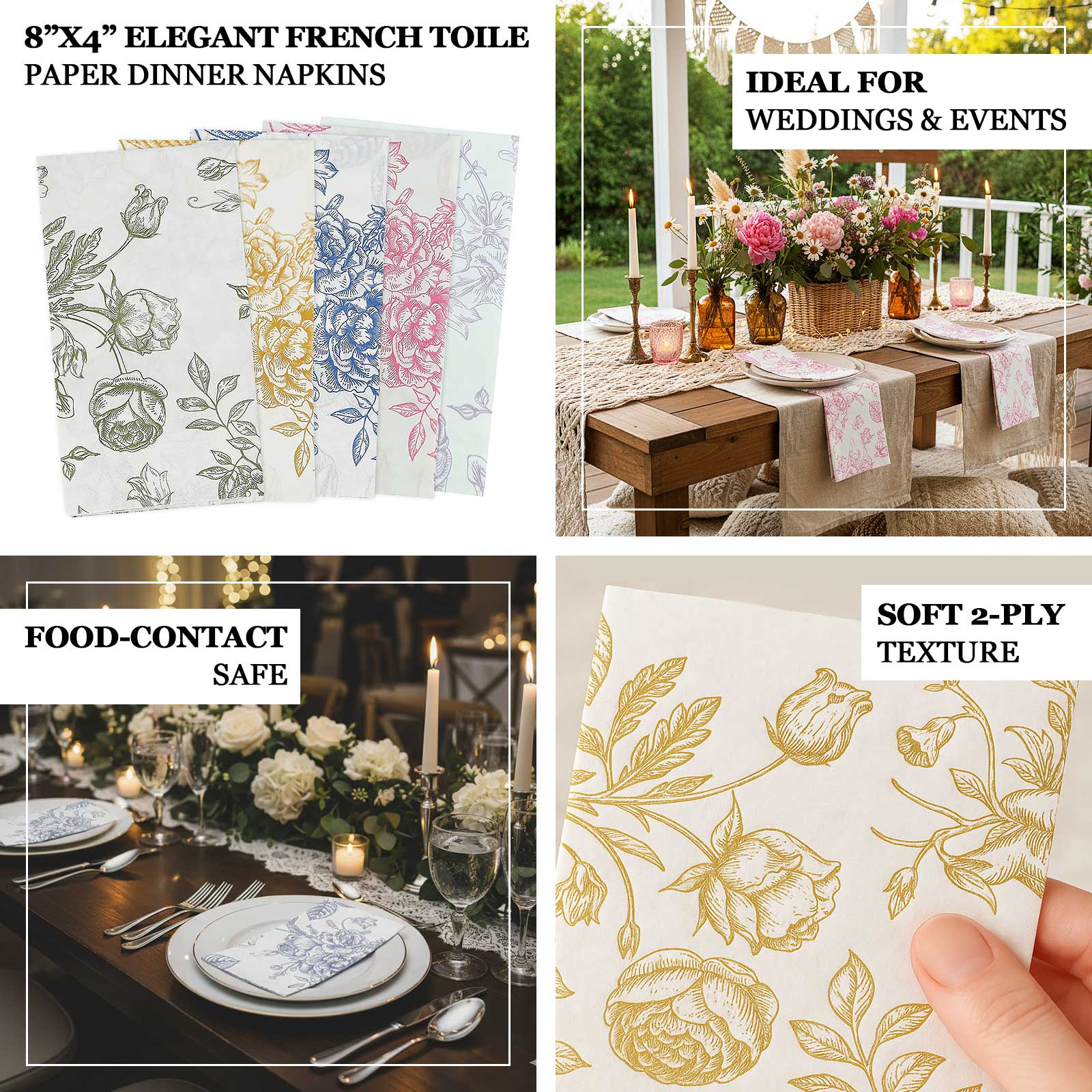 50-Pack Paper Dinner Napkins White with Gold French Toile Floral Pattern 2-Ply - Stylish Disposable Napkins for Events - Image 3