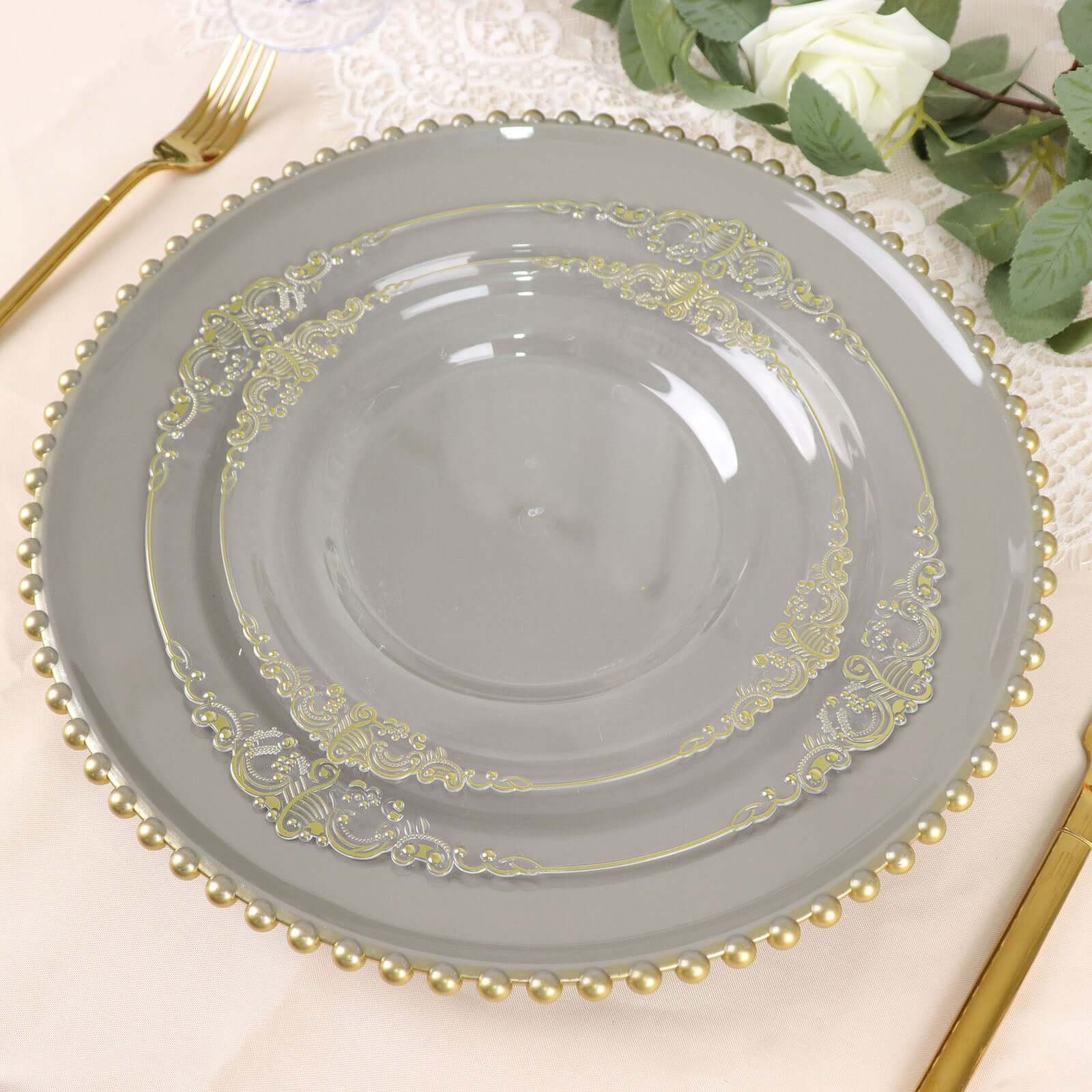 6-Pack Acrylic Round Charger Plates 13" in Charcoal Gray with Gold Beaded Rim, Decorative Dinner Party Charger Tableware - Image 8