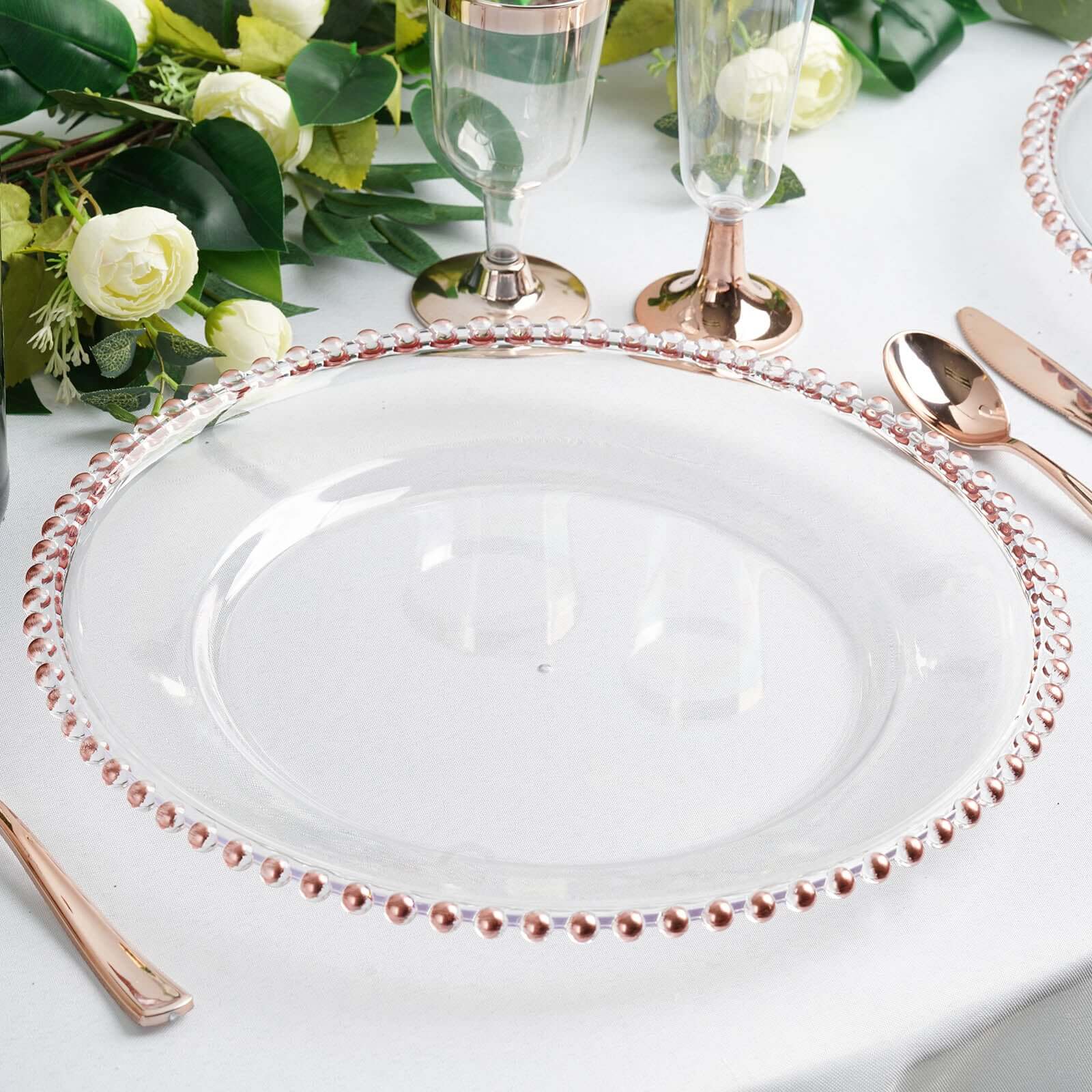6-Pack Acrylic Round Charger Plates 13" in Clear with Rose Gold Beaded Rim, Decorative Dinner Party Serving Plates - Image 6