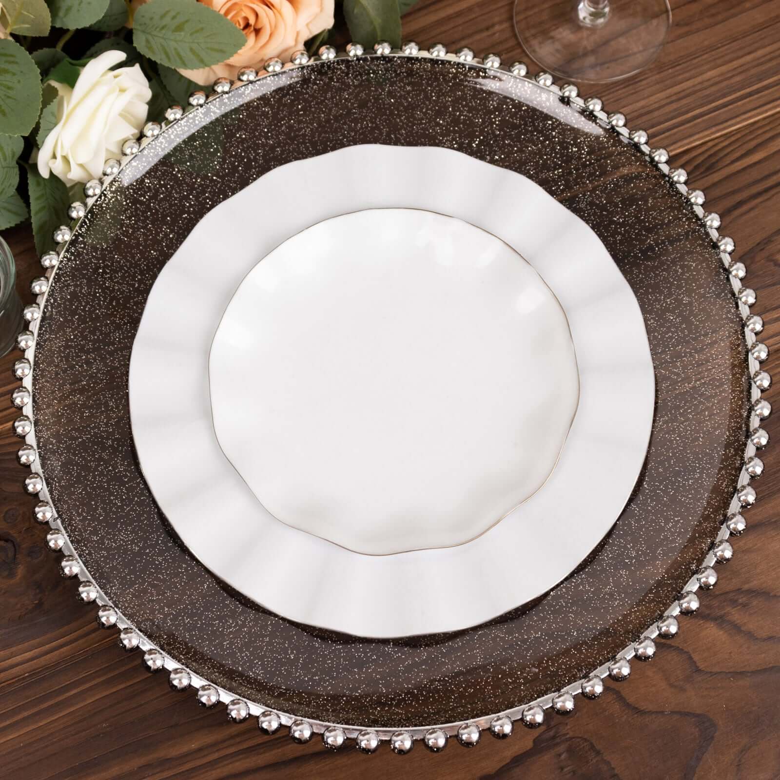 6-Pack Acrylic Round Charger Plates 13" in Transparent Black Silver Glittered with Beaded Rim, Decorative Dinner Party Charger Tableware - Image 6
