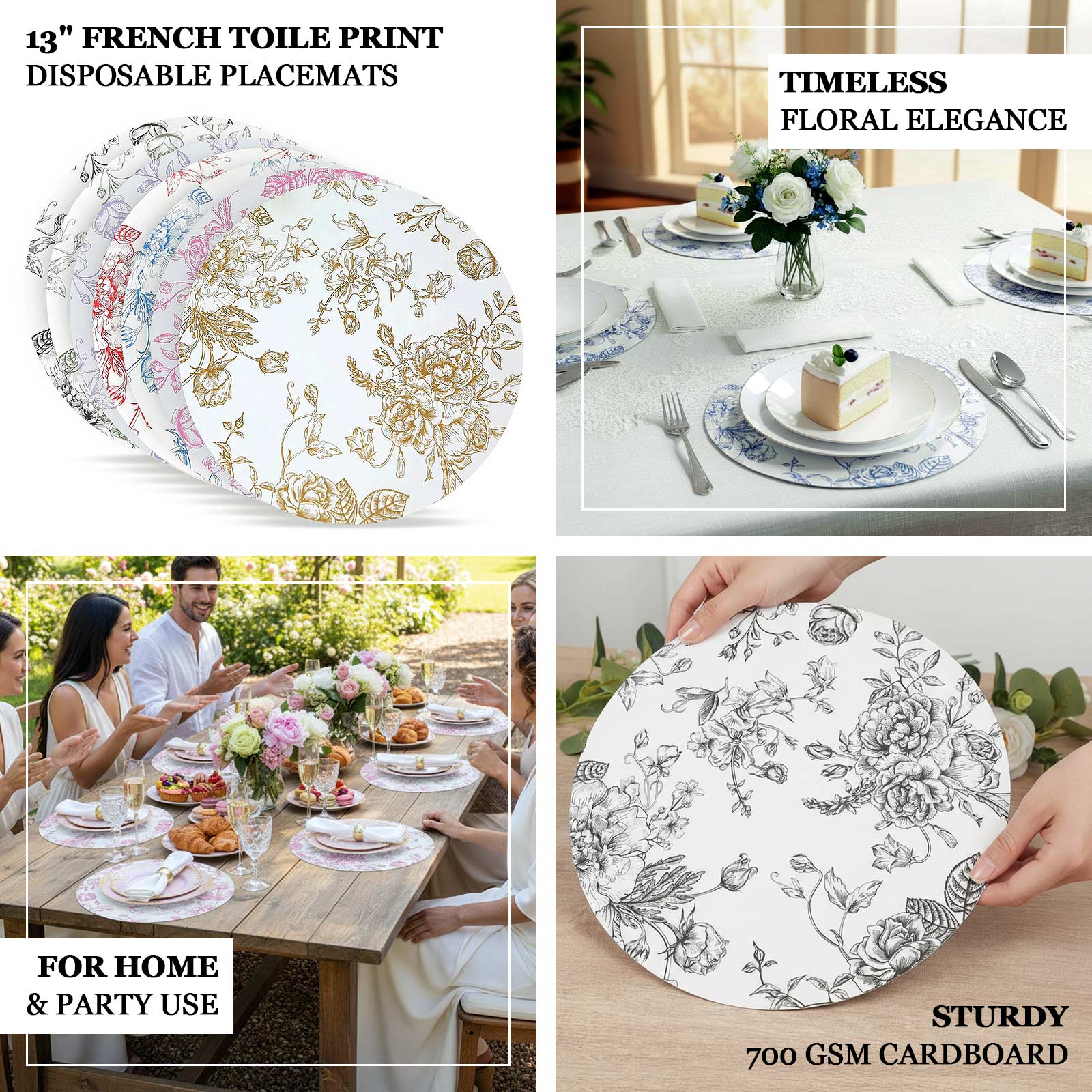 6-Pack Disposable Table Placemats in French Toile Print 13" in White/Gold - Chic Floral Cardboard Placemats for Stylish Table Setting - Image 3