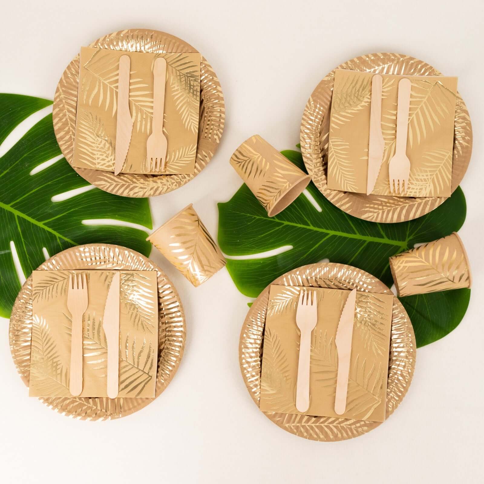 72 Pcs Paper Dinnerware Set with Gold Foil Palm Leaves Print Natural - Disposable Tableware Combo-Pack with Plates and Cups - Image 5