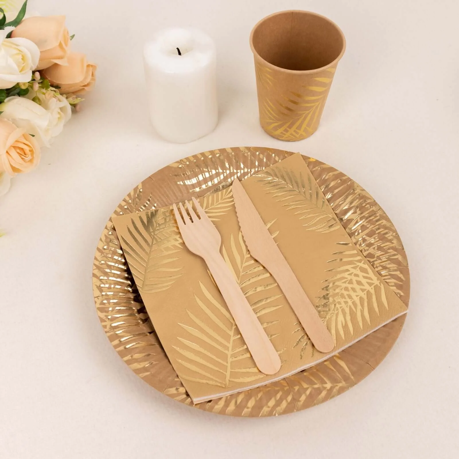 72 Pcs Paper Dinnerware Set with Gold Foil Palm Leaves Print Natural - Disposable Tableware Combo-Pack with Plates and Cups - Image 8