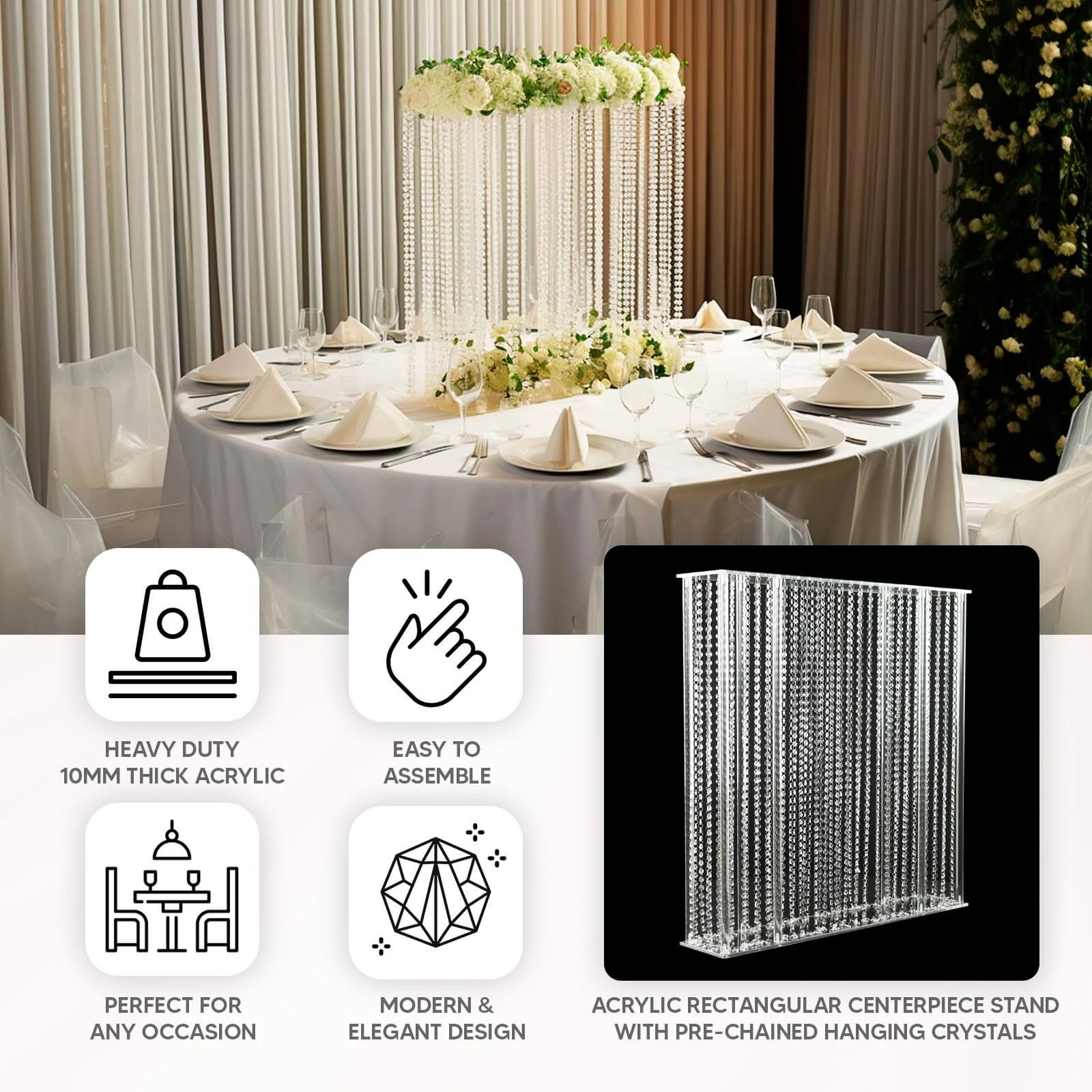 Acrylic Centerpiece Stand Rectangular Design with Pre-chained Crystal Beads Clear - Durable Flower Pedestal for Table or Floor 40"x40" - Image 4