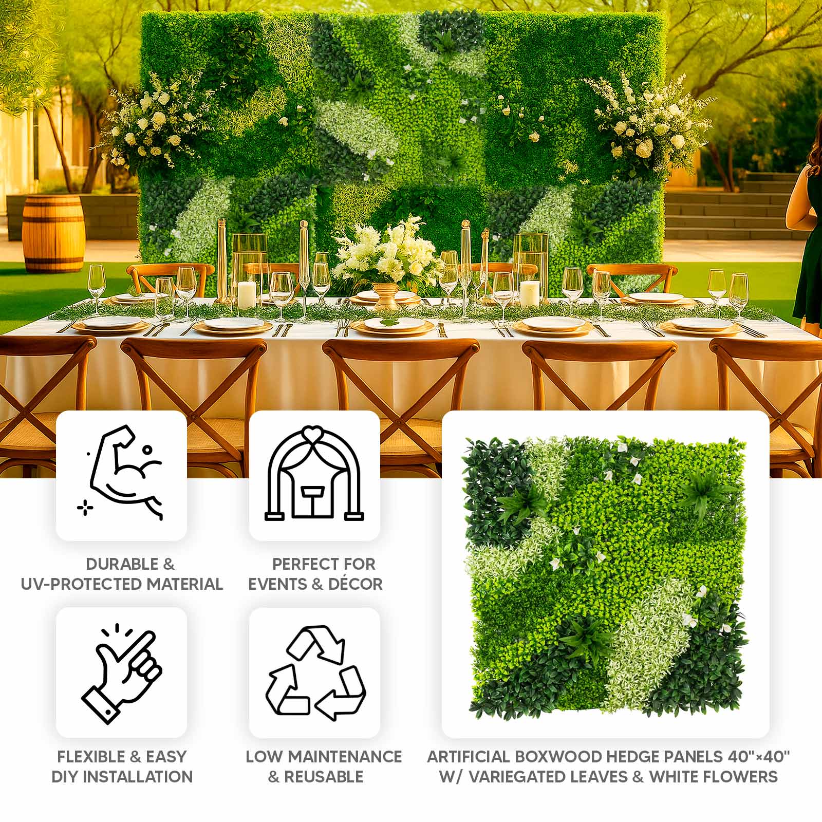 Artificial Boxwood Greenery Wall Panels, 40"×40" Grass Panels with Variegated Leaves and White Flowers, UV-Protected Backdrop for Outdoor Decor – 2 Panels, Covers 22 Sq. Ft. - Image 4