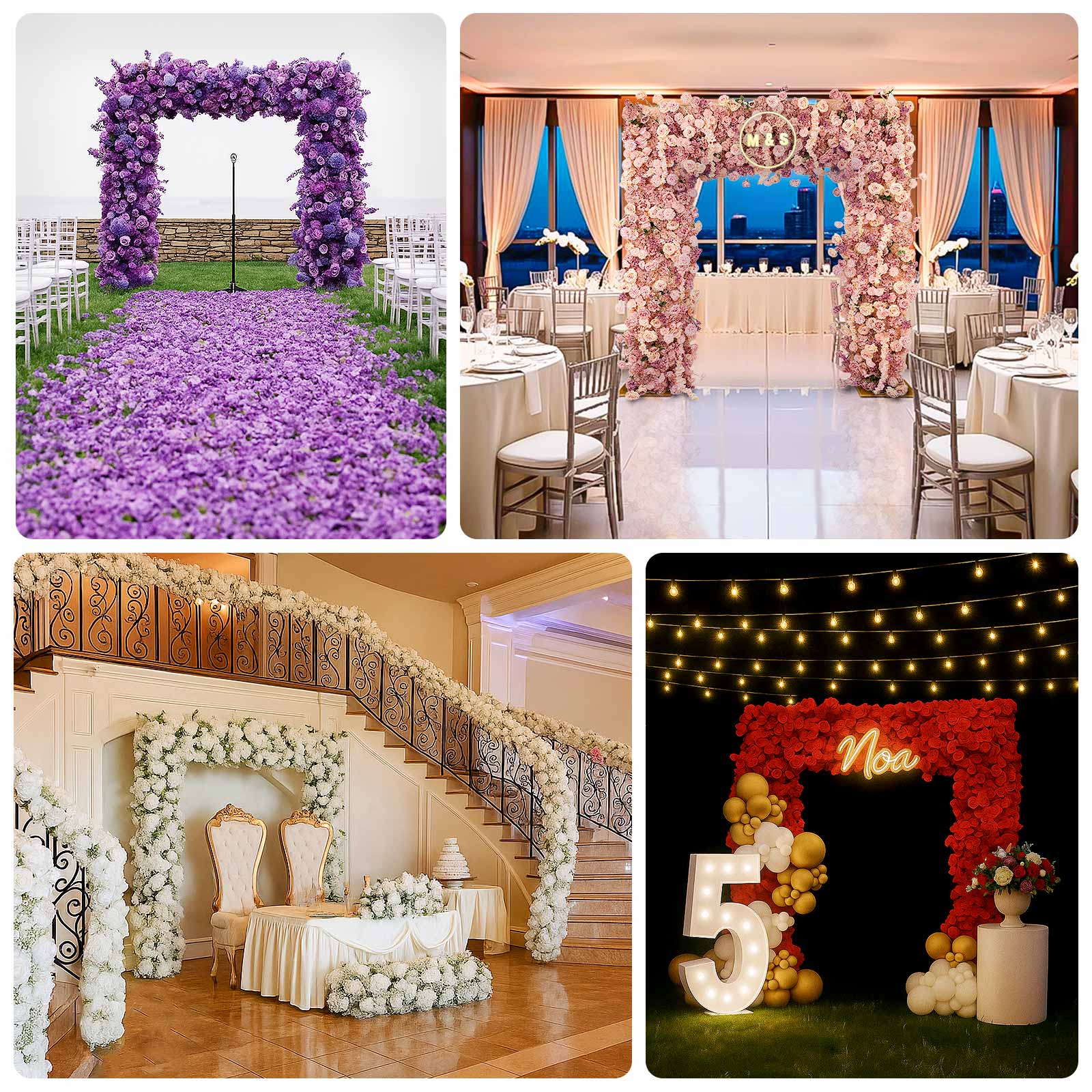 8ftx8ft Roll Up Artificial Flower Backdrop for Arch Stand – White with Fabric Backing – Silk Roses & Baby's Breath Wedding Arch Décor - Image 5