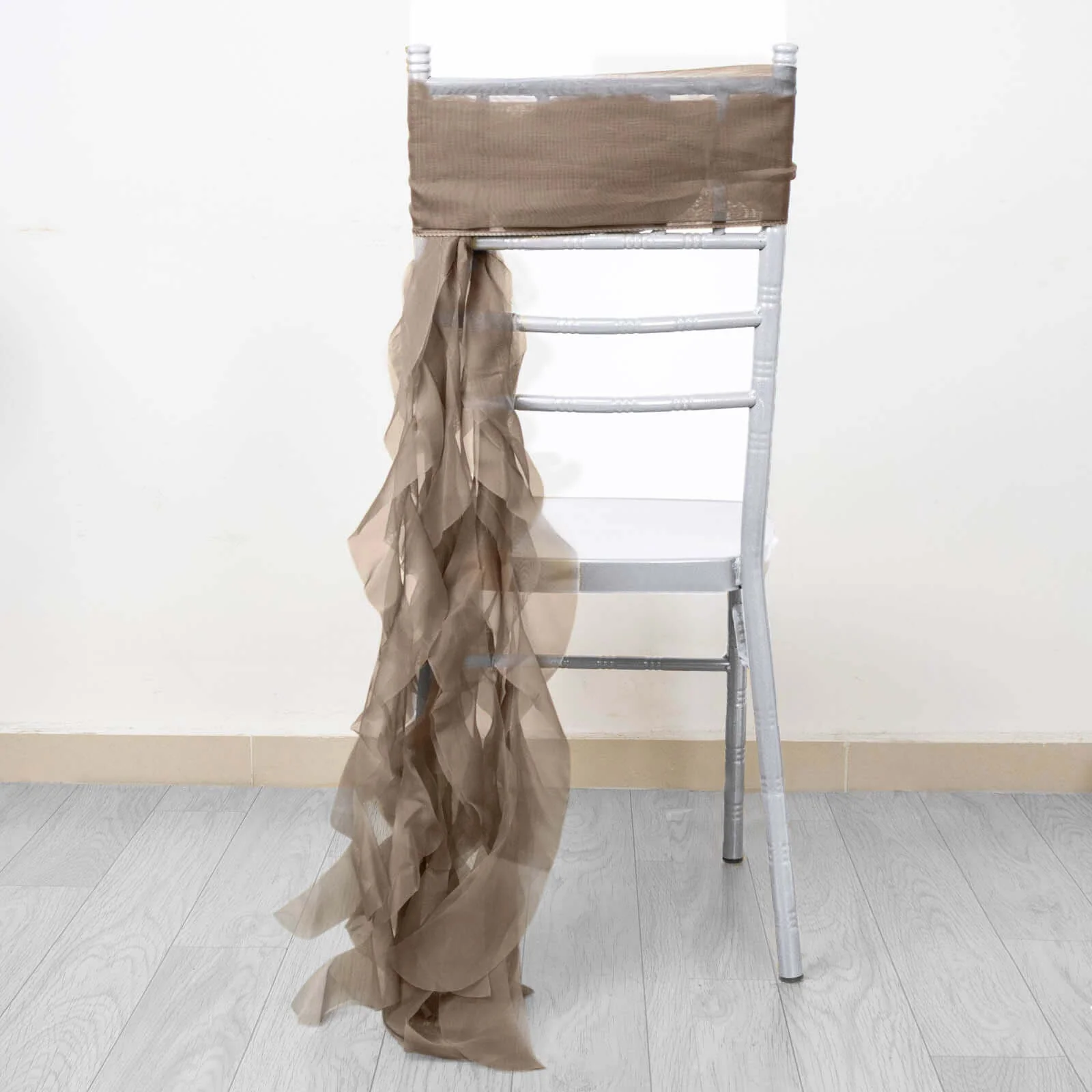 Curly Chiffon Chair Sash 32" Long – Taupe 6-Strand Ribbon Tie - Image 2