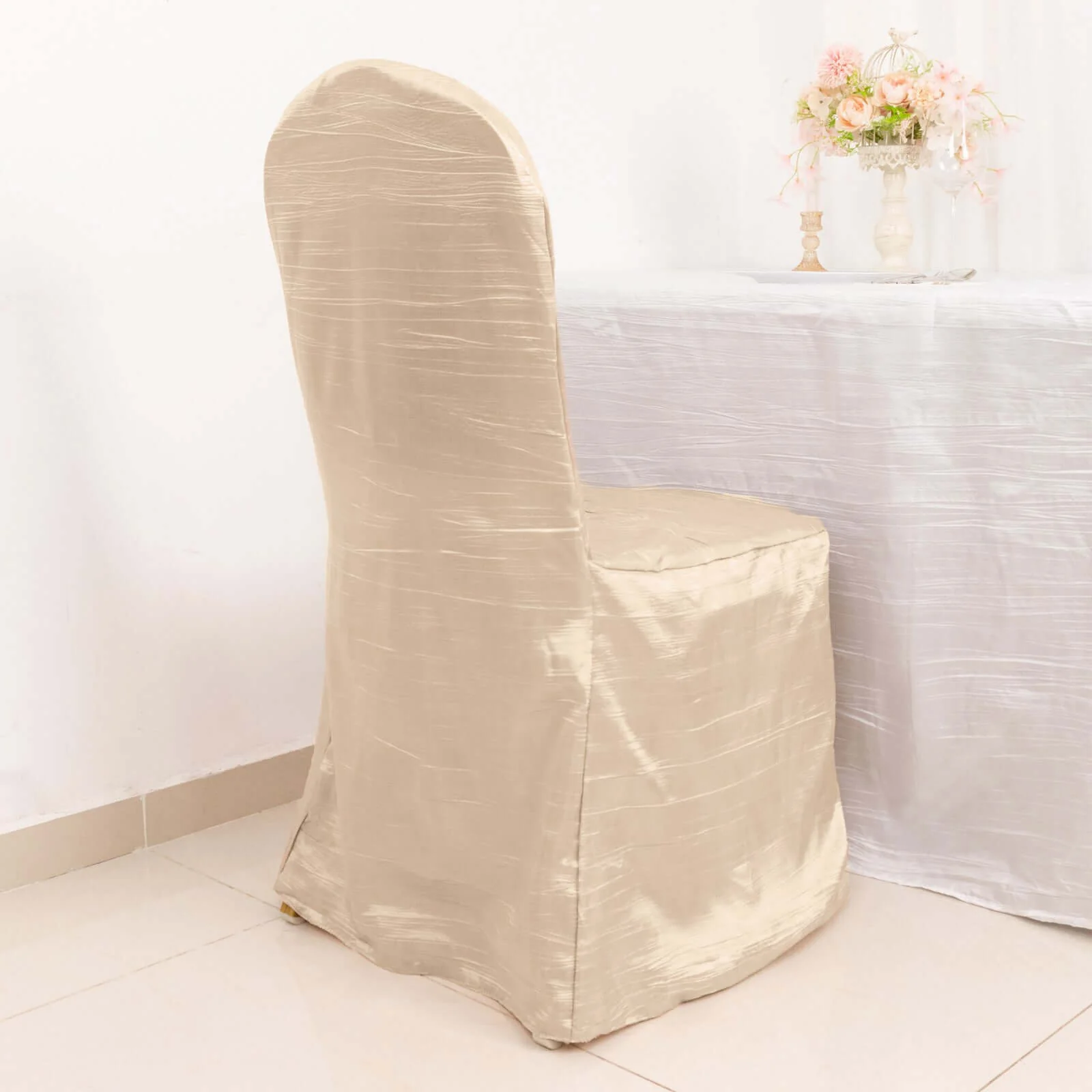 Crinkle Crushed Taffeta Chair Cover for Banquet Chairs Beige - Reusable Slipcover - Image 3