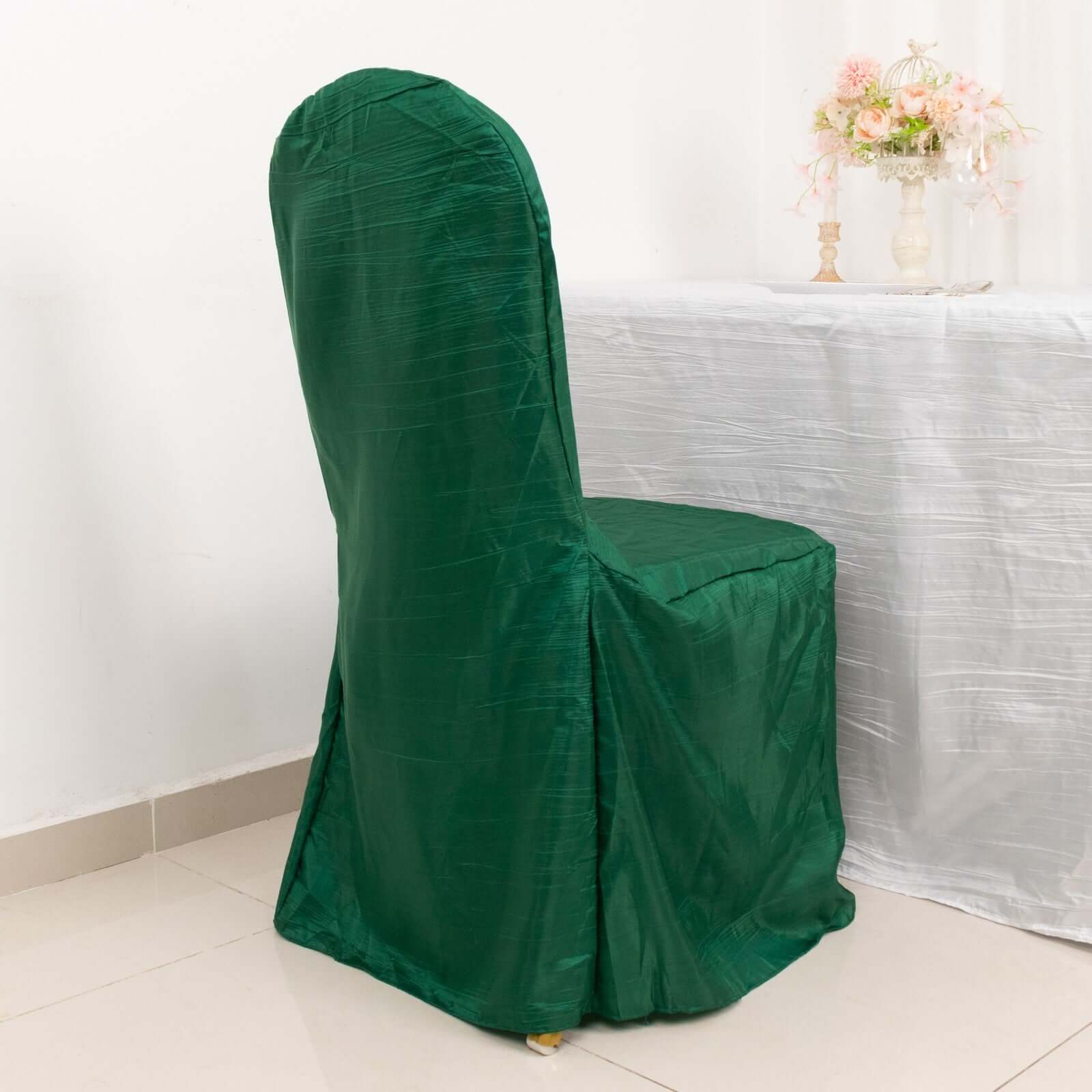 Crinkle Crushed Taffeta Chair Cover for Banquet Chairs Hunter Emerald Green - Reusable Slipcover - Image 3