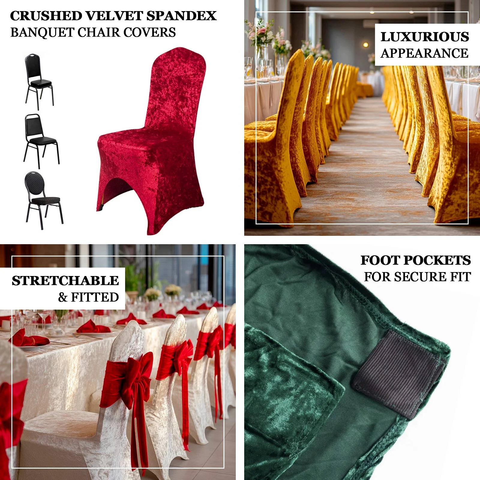 Crushed Velvet Spandex Banquet Chair Cover Fitted Slipcover Black - Stretch 190GSM Slipcover with Foot Pockets - Image 4