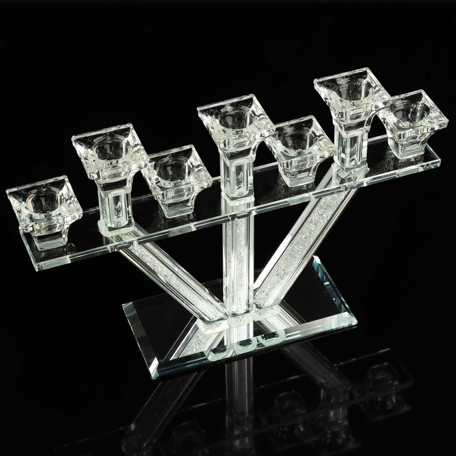 Crystal Glass Candelabra, 7-Branch Taper Candle Stick Holder Stand Table Centerpiece With Crystal Filler and Mirror Base 12" - Image 14
