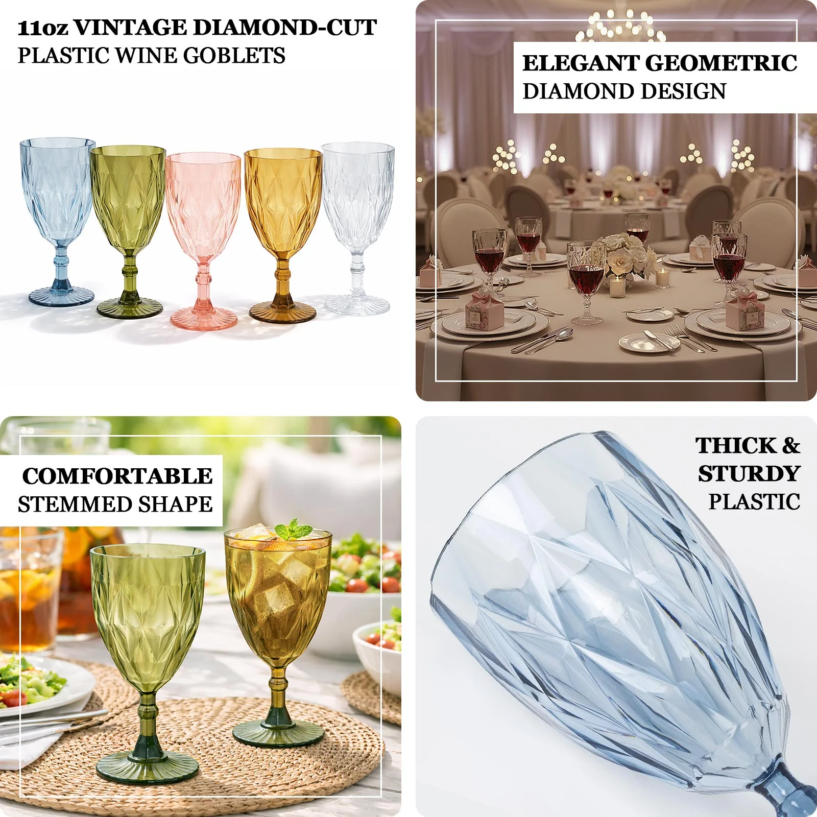 12 Pack Vintage Diamond Cut Plastic Goblets – Clear 11oz Reusable Wine & Beverage Glasses - Image 4