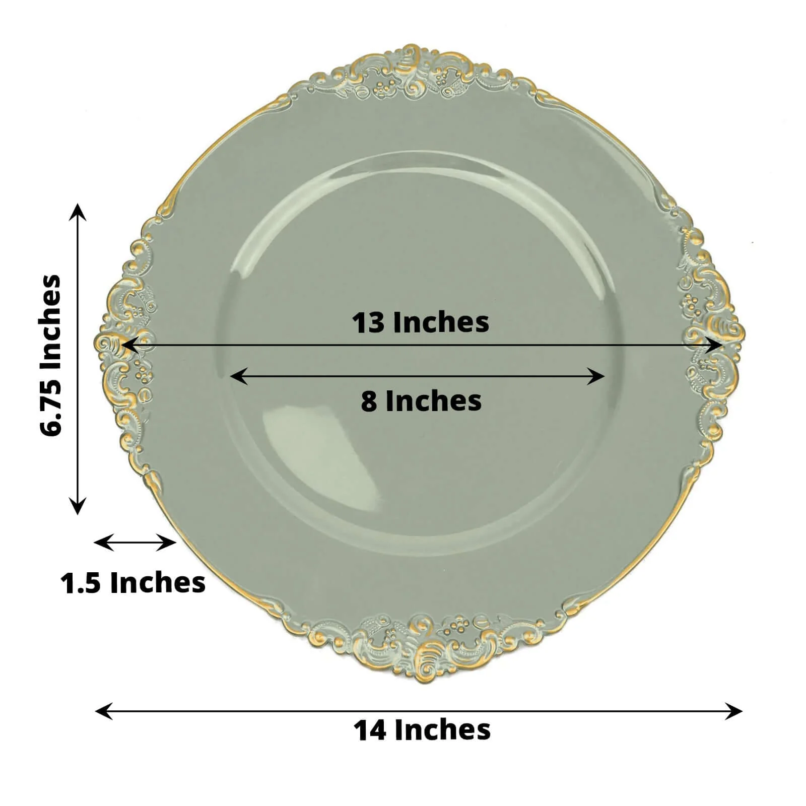 6-Pack Acrylic Round Charger Plates 13" in Dusty Sage Green with Gold Embossed Baroque Rim, Antique Decorative Dinner Party Charger Tableware - Image 3