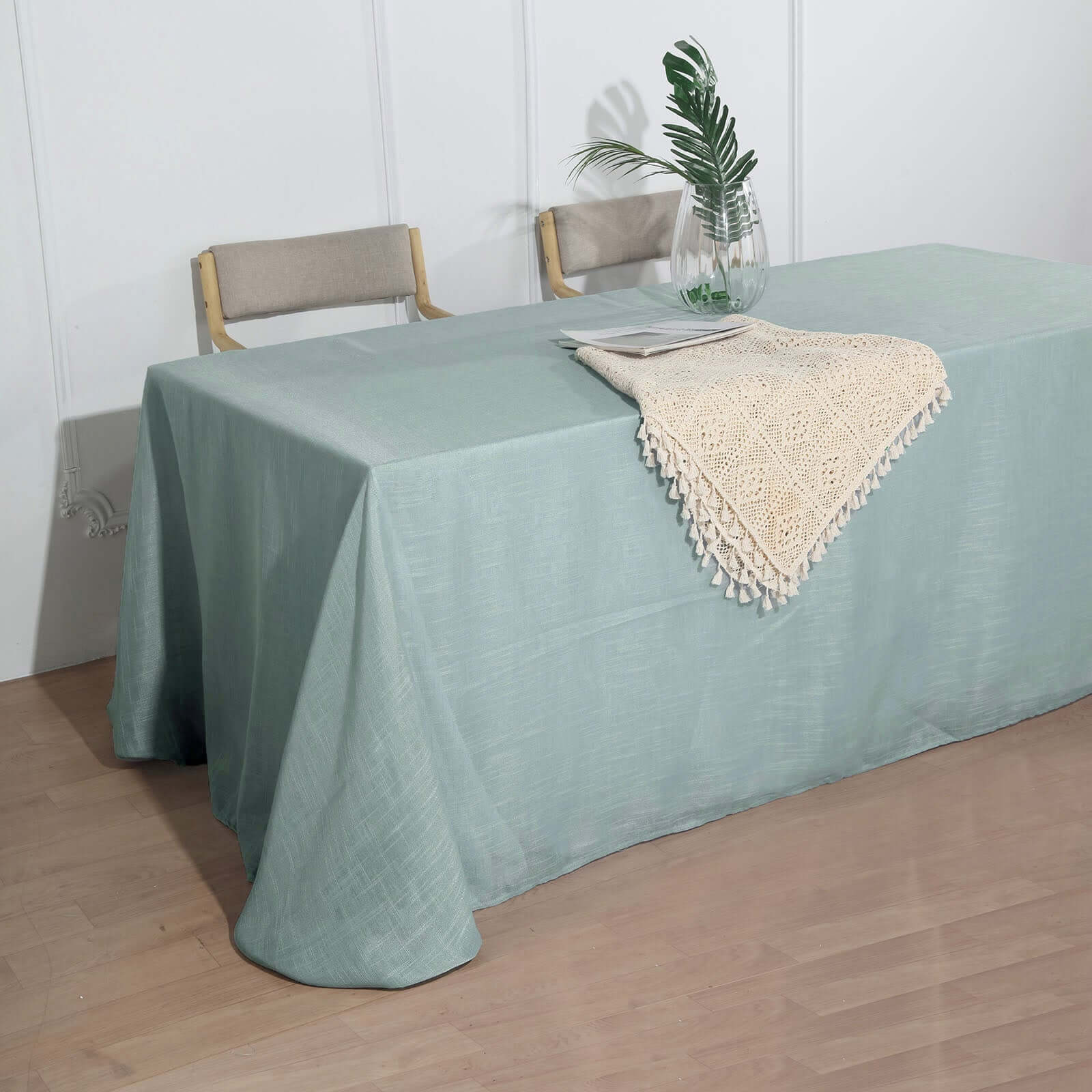 Faux Linen 90"x132" Rectangular Tablecloth Dusty Blue - Slubby Texture Wrinkle-Resistant Seamless Table Cover - Image 2