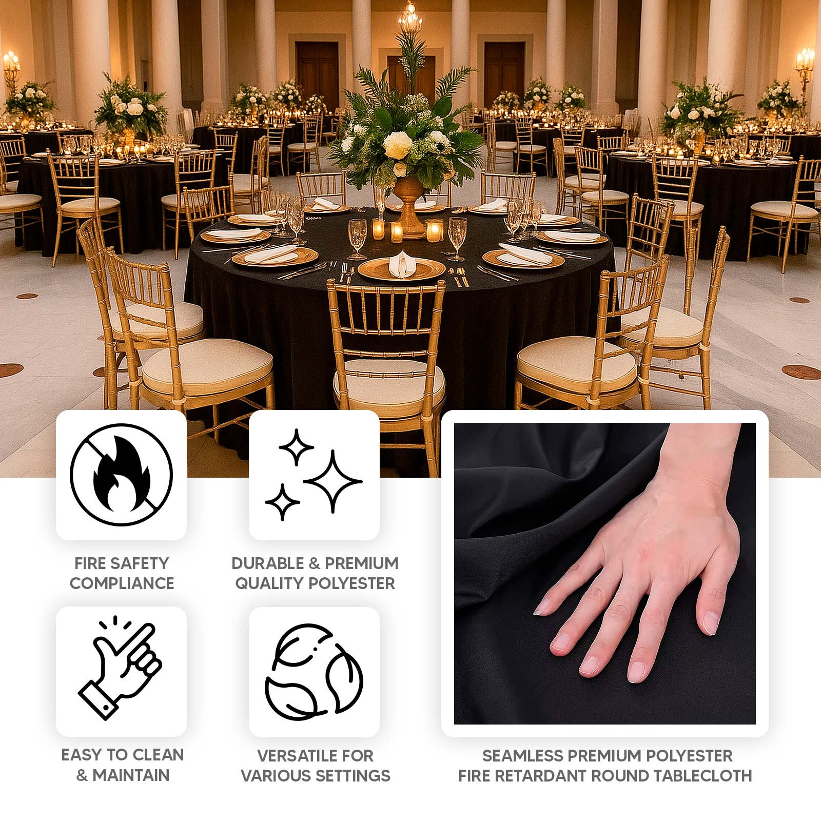 Fire Retardant Premium Polyester 132" Round Tablecloth Black - High-Performance Seamless Table Cover - Image 4