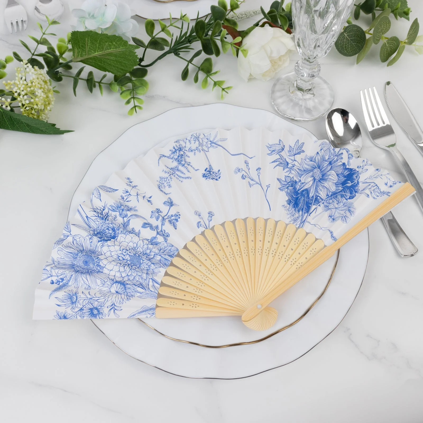 5-Pack Paper Folding Fans Party Favors in White & Blue French Toile Pattern, Handheld Fans with Bamboo Frame