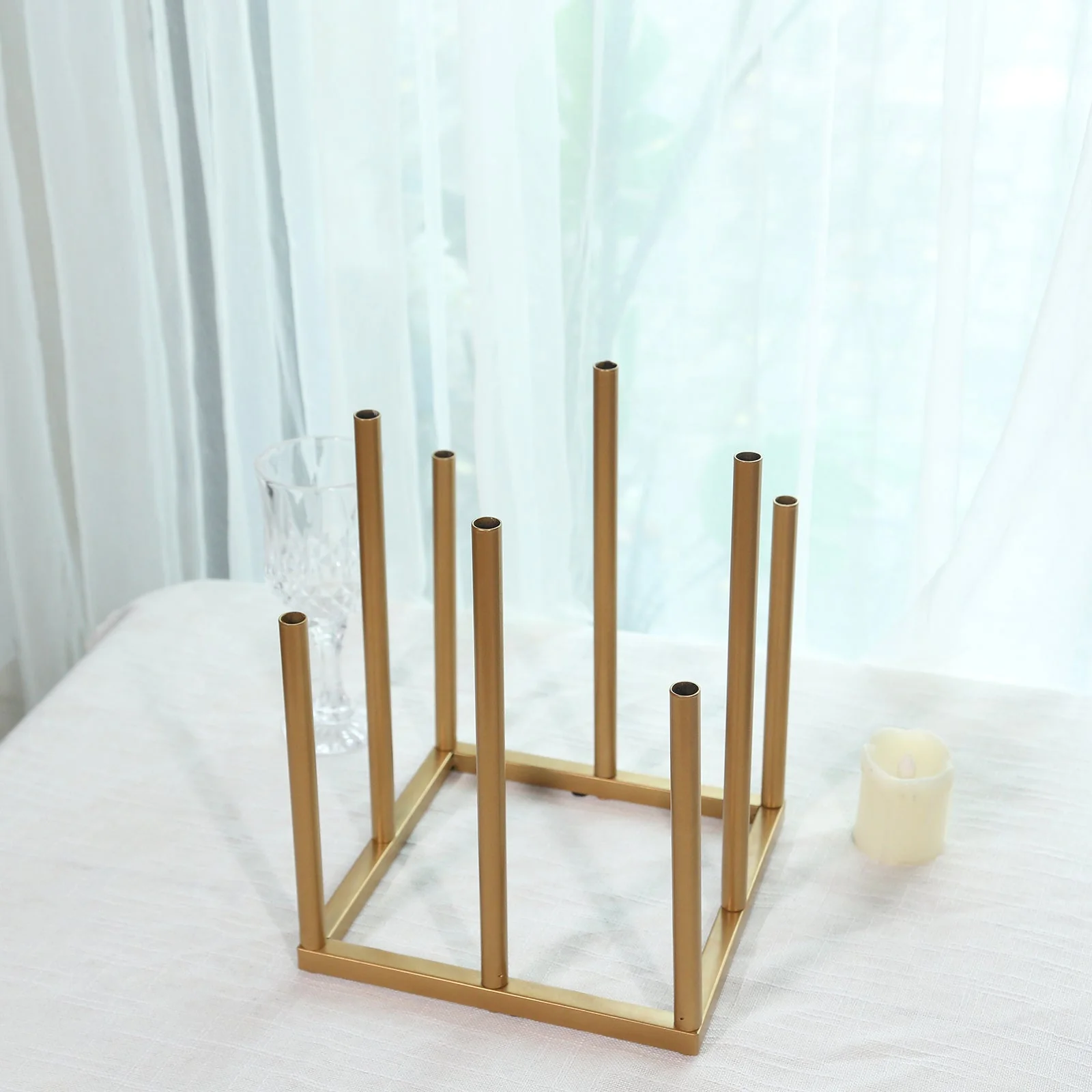 Flower Vase Gold Metal Minimalist 8-Tubes Square Base Design - Single Stem Bud Centerpiece for Arrangements 10" - Image 6