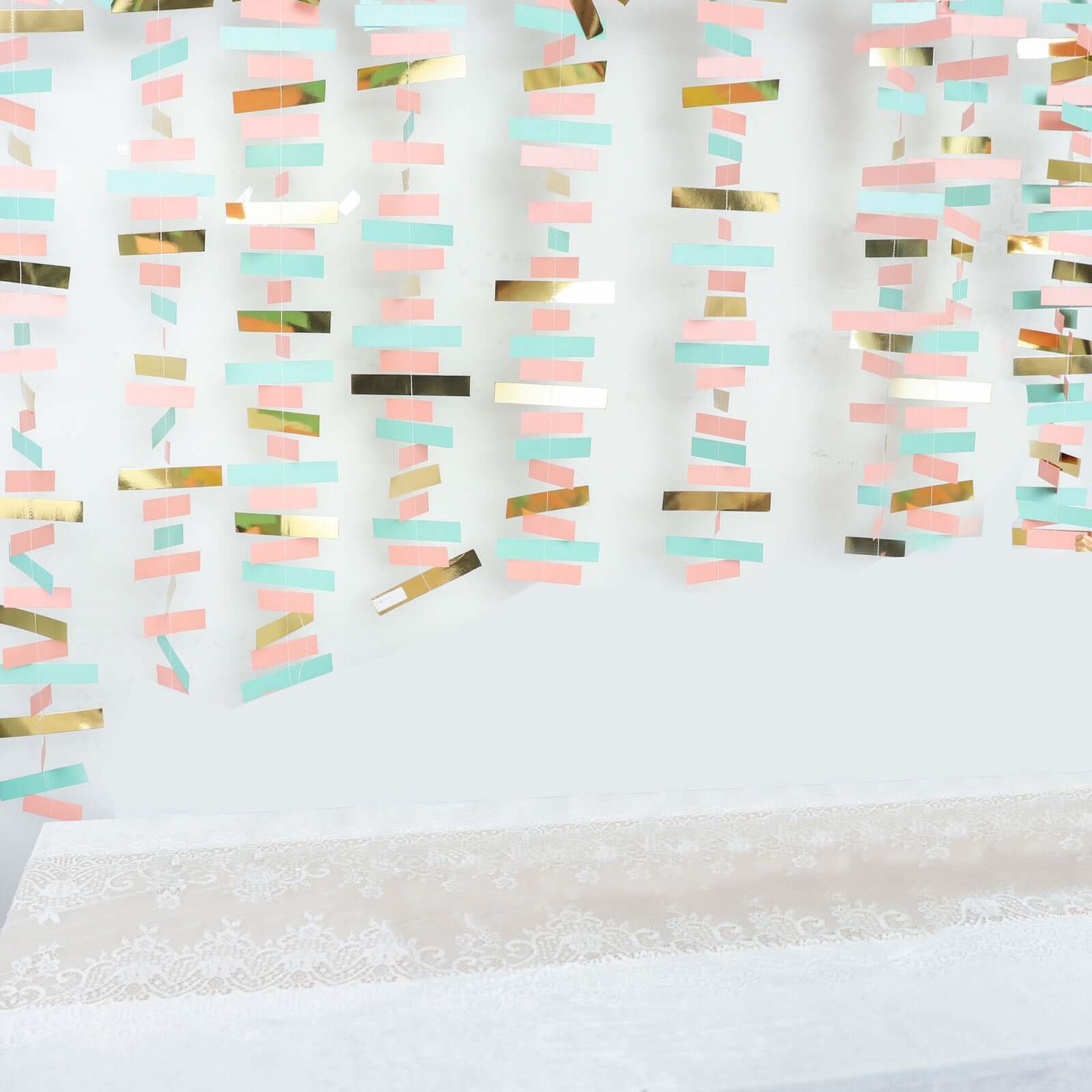 Gold, Blush and Turquoise Confetti-Like Paper Party Garland Streamer, Hanging Backdrop Decoration - 6.5ft