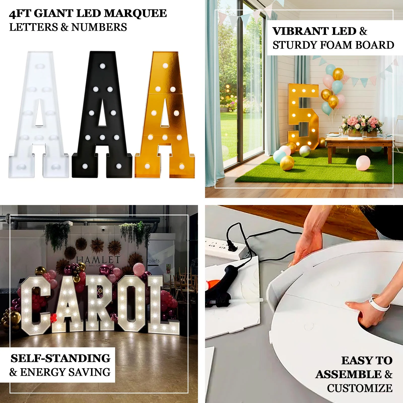 Giant LED Marquee Light Up Letter "J", Gold 4ft Pre-Cut Foam Board with 10 Warm White Battery Operated LEDs, Glue Gun and Sticks - Image 4