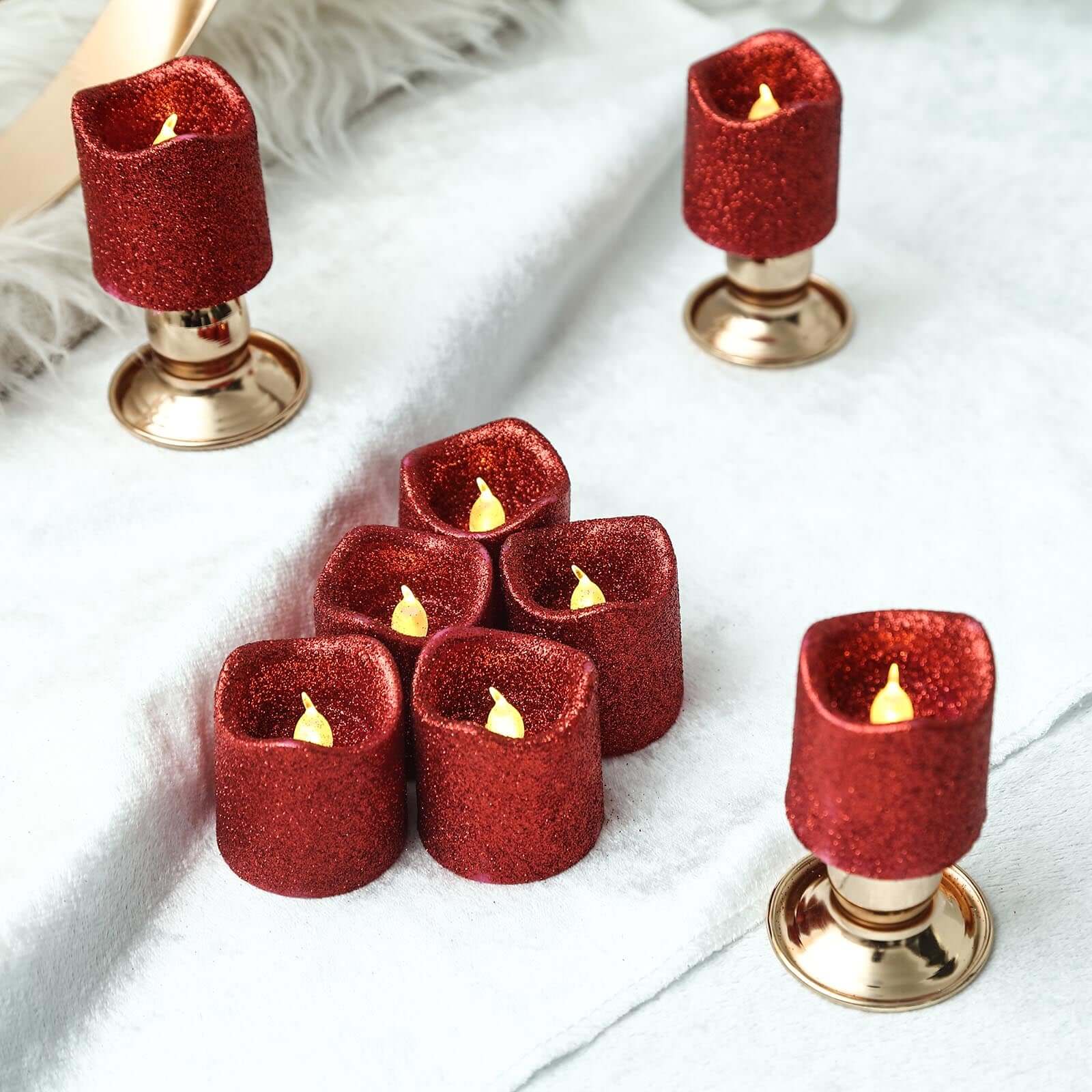 12-Pack LED Votive Candles Glittered Red Design - Reusable Flameless Battery Operated Lights - Image 8