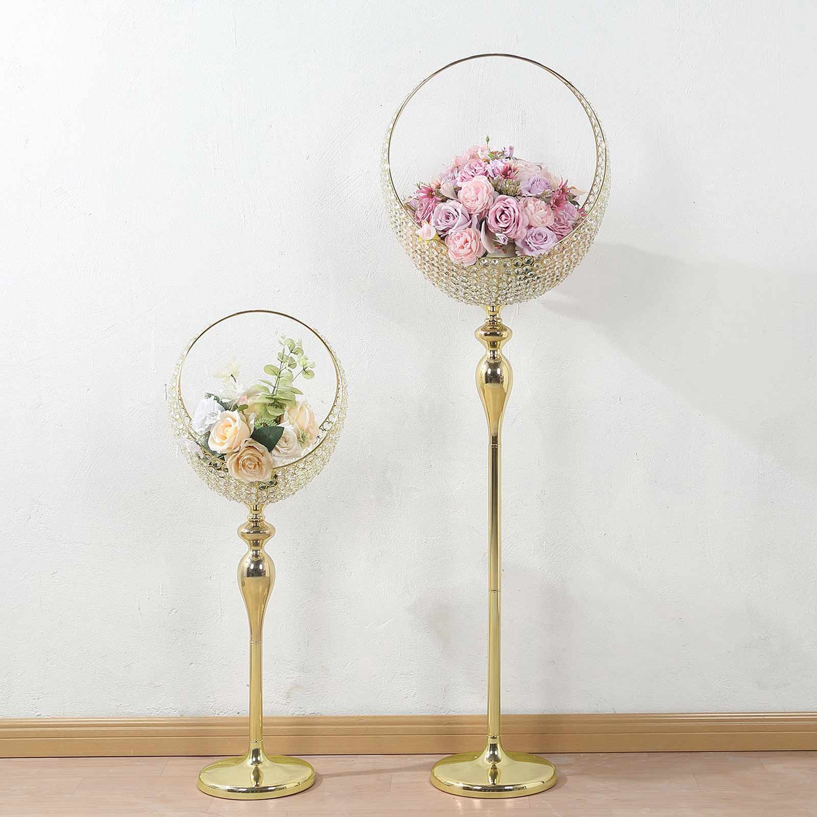 Metal Crystal Beaded Candle Holder Stand, Half Moon Basket Design Gold Wedding Flower Centerpiece with Round Stable Base 3ft Tall - Image 7