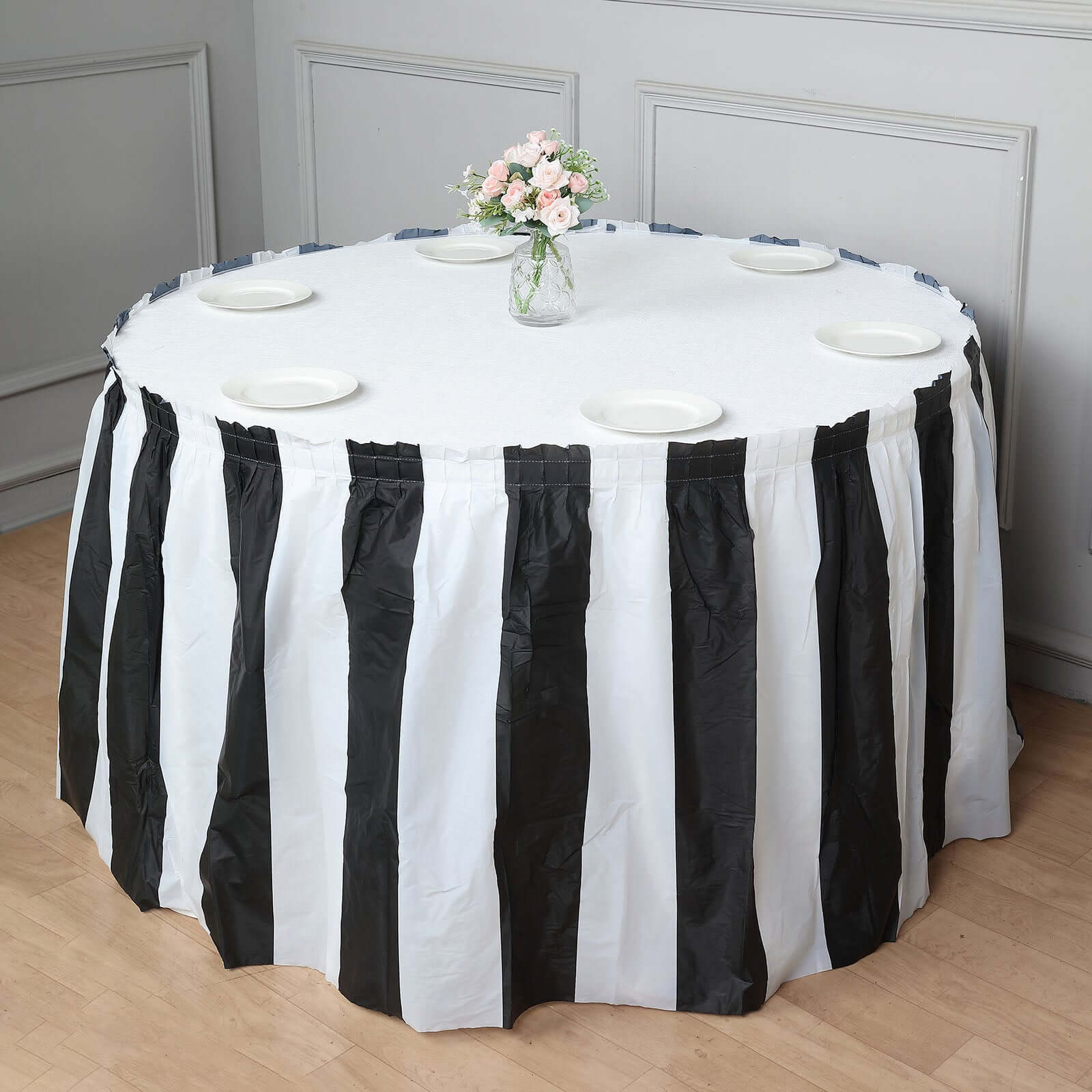 Plastic Table Skirt White/Black Stripe - Reliable Disposable Skirt for Parties 14ft 10 Mil - Image 6