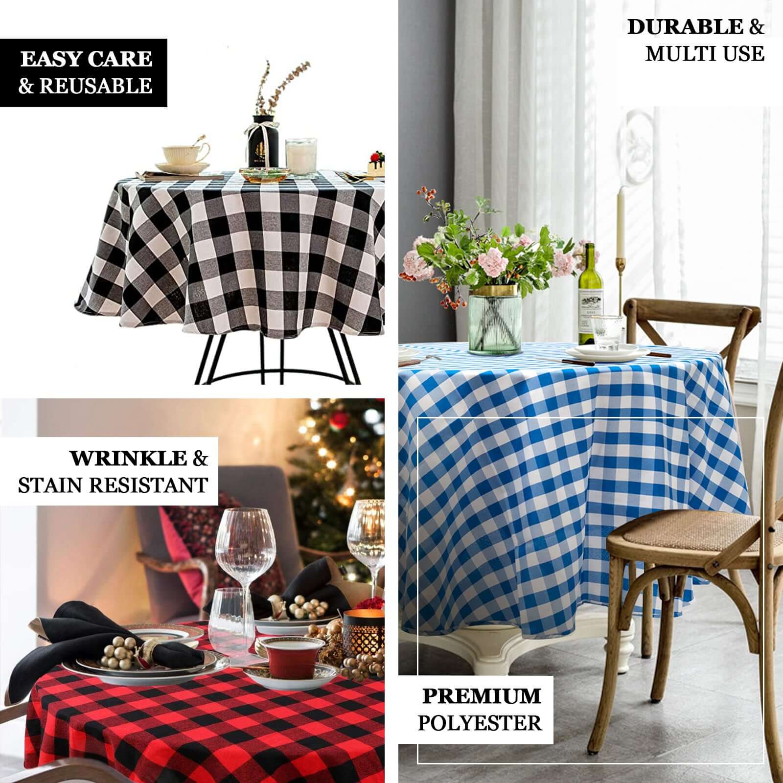 Polyester 108" Round Tablecloth White/Black - Checkered Buffalo Plaid Table Cover - Image 4