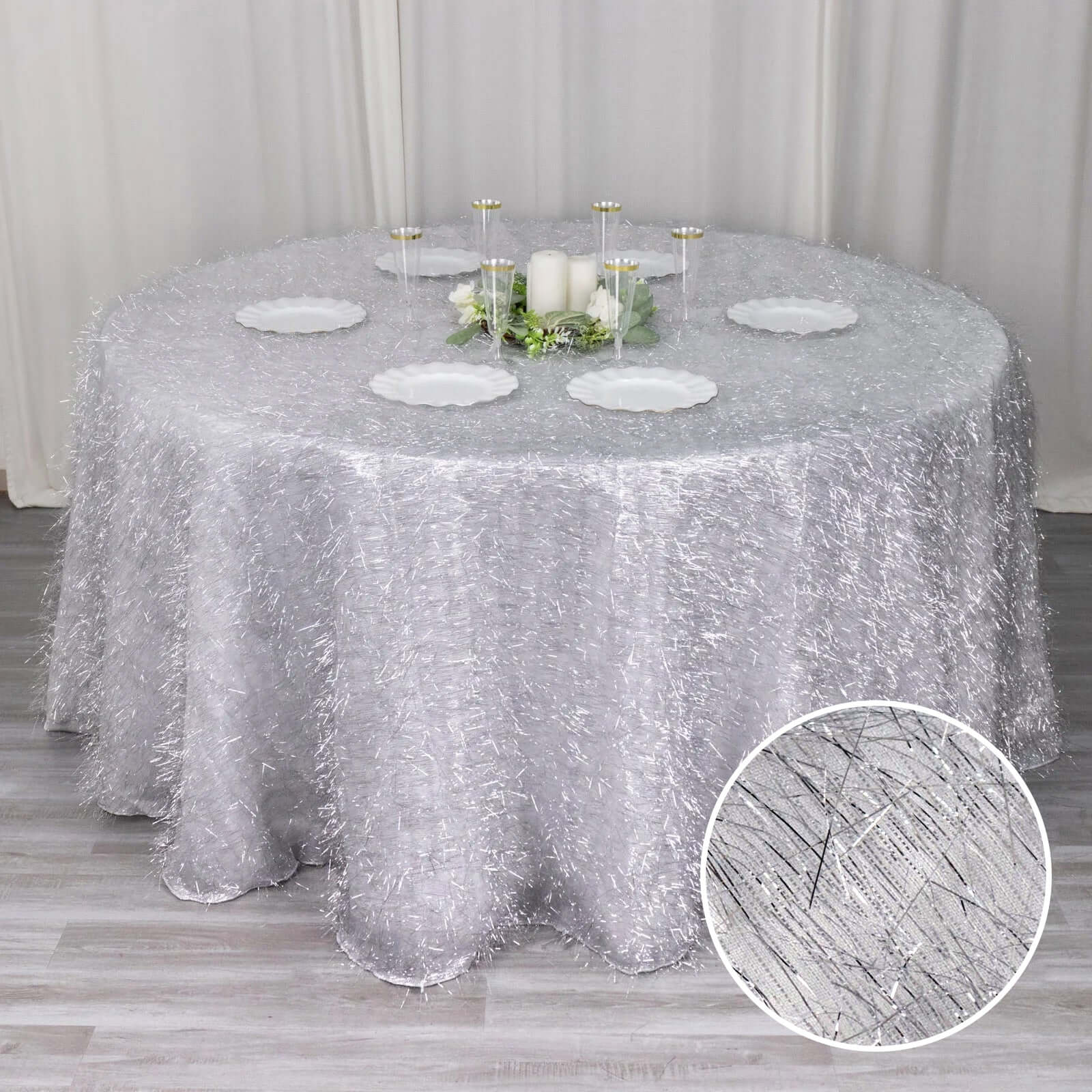 Polyester 120" Round Silver Tablecloth Metallic Fringe Shag Tinsel Table Cover - Image 2