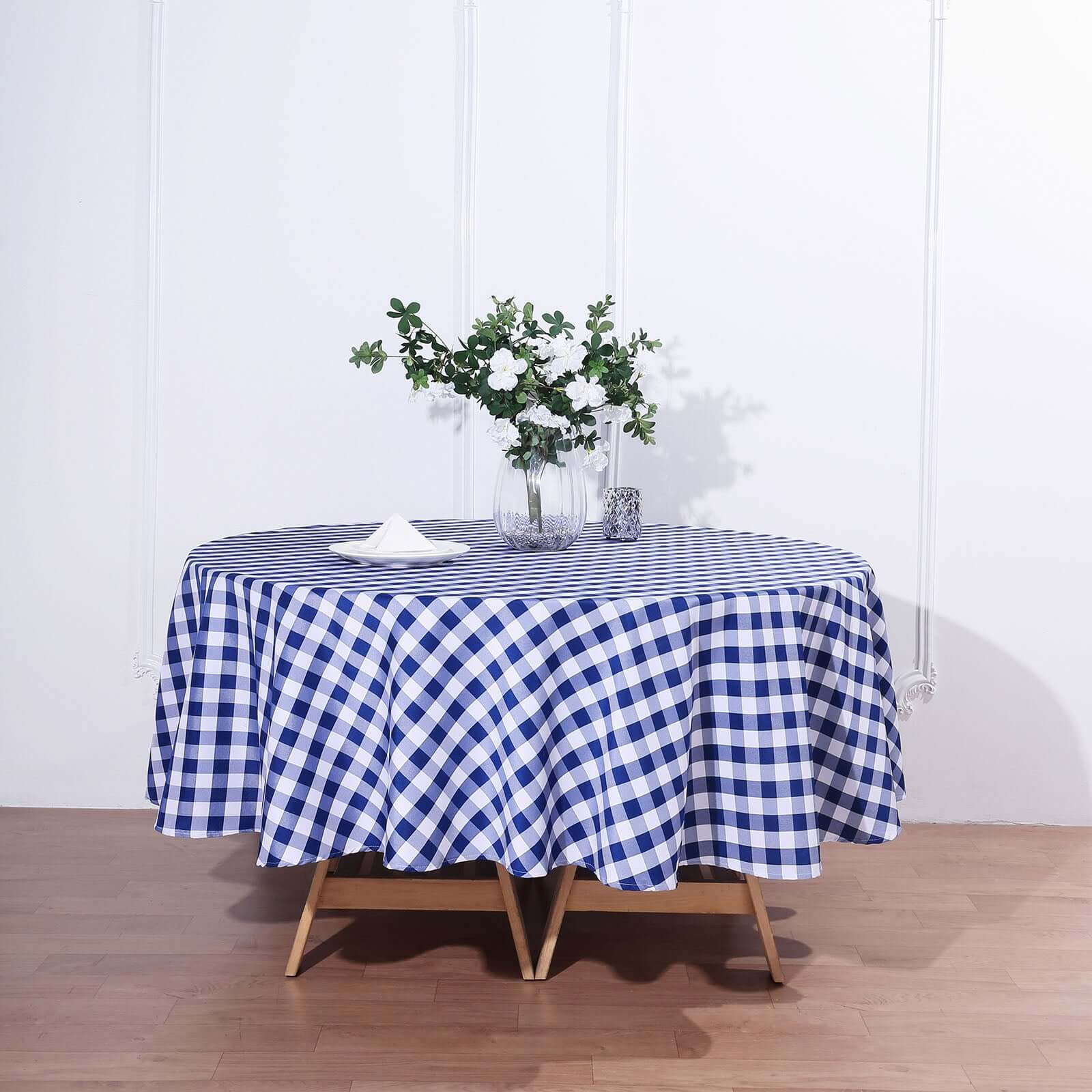 Polyester 90" Round Tablecloth White/Navy Blue - Checkered Buffalo Plaid Table Cover - Image 3