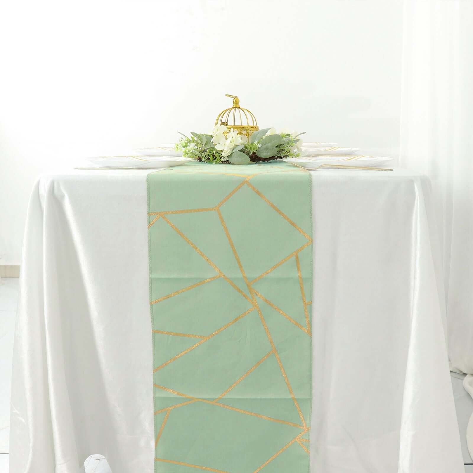 Polyester 9ft Table Runner Sage Green with Gold Foil Modern Geometric Accent - Image 2