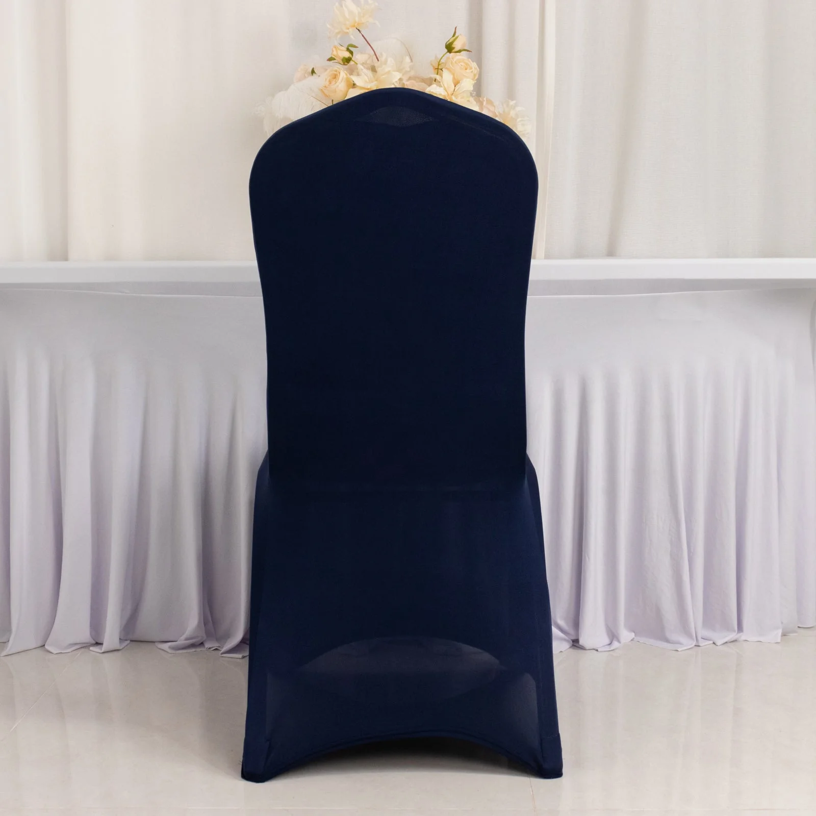 Premium Spandex Chair Cover with Foot Pockets for Banquet Chairs Navy Blue - Stretch 220GSM Fitted Slipcover - Image 2