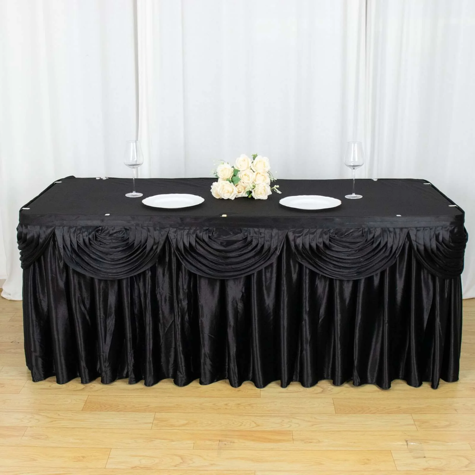 Satin 21ft Table Skirt Black - Pleated Double Drape Table Cover - Image 2