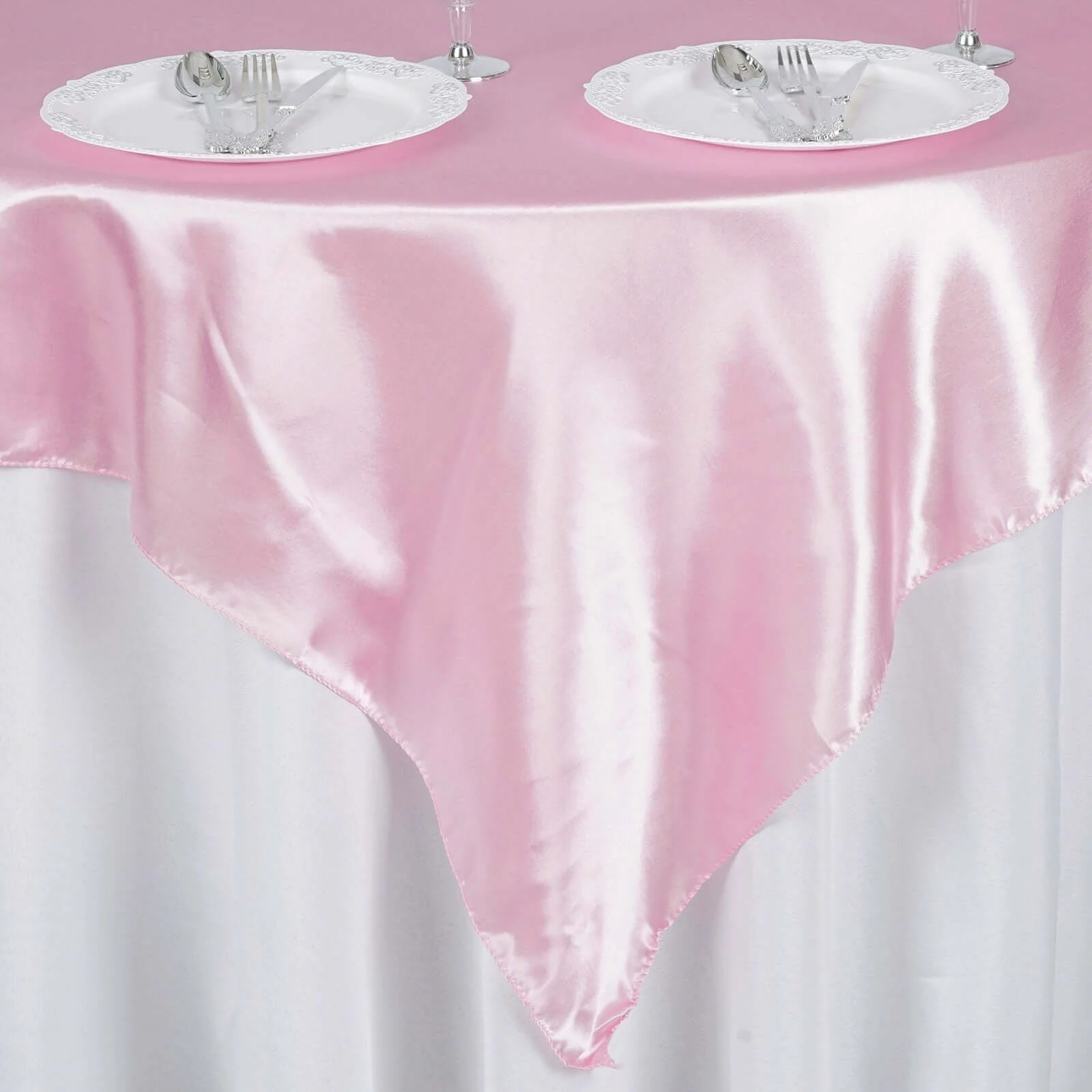 Satin 60"x60" Table Overlay Square Tablecloth Pink - Smooth Silky Touch Table Cover - Image 6