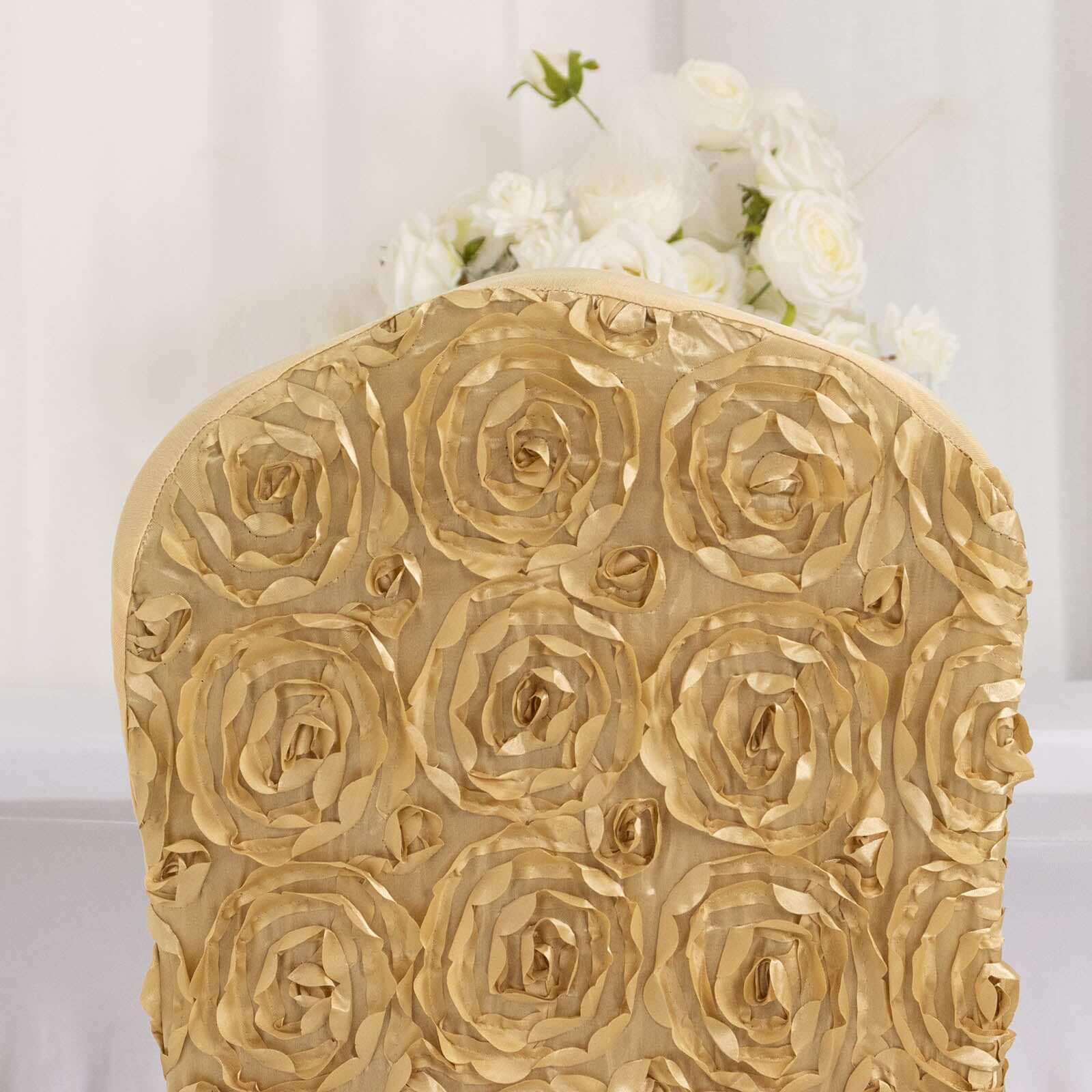 Satin Rosette Chair Cover for Banquet Chairs Champagne - Stretch Fitted Slip-On Slipcover - Image 6