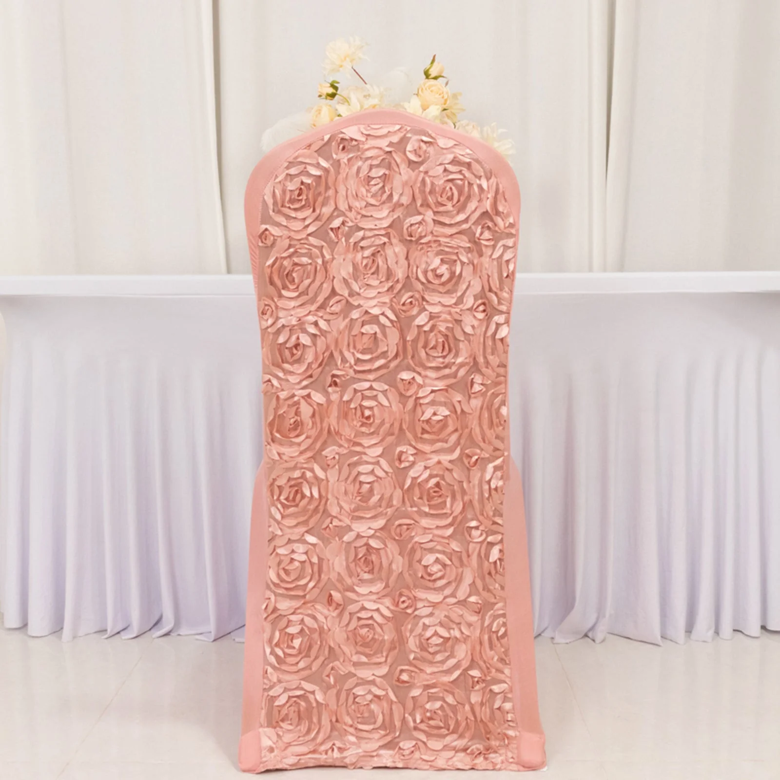 Satin Rosette Chair Cover for Banquet Chairs Dusty Rose - Stretch Fitted Slip-On Slipcover - Image 2