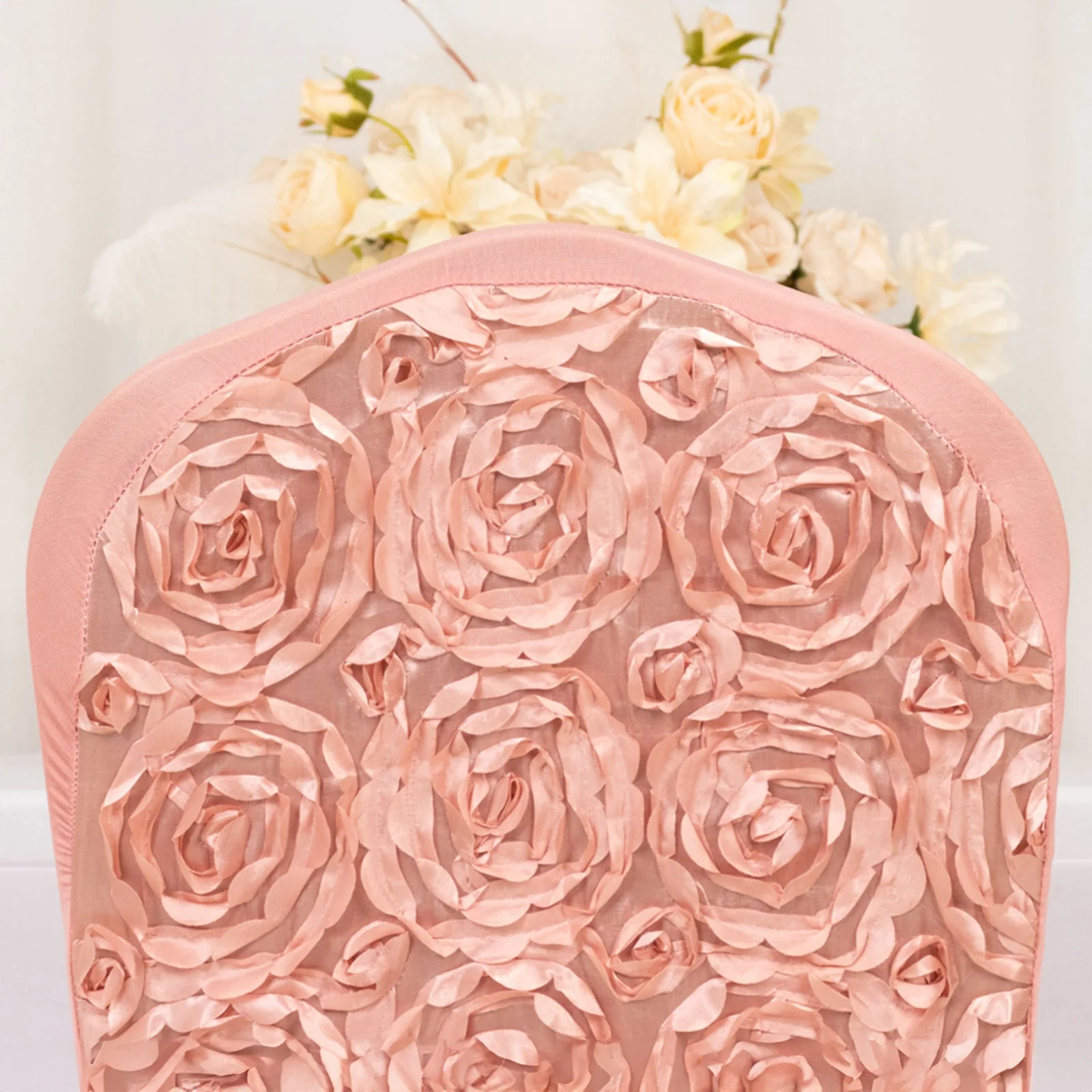 Satin Rosette Chair Cover for Banquet Chairs Dusty Rose - Stretch Fitted Slip-On Slipcover - Image 7