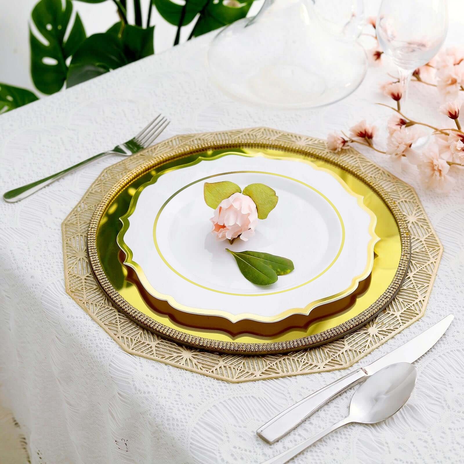 10-Pack Plastic 10" Round Dinner Plates in White with Gold Scalloped Rim - Disposable Party Plates for Chic Banquets & Special Occasions - Image 2