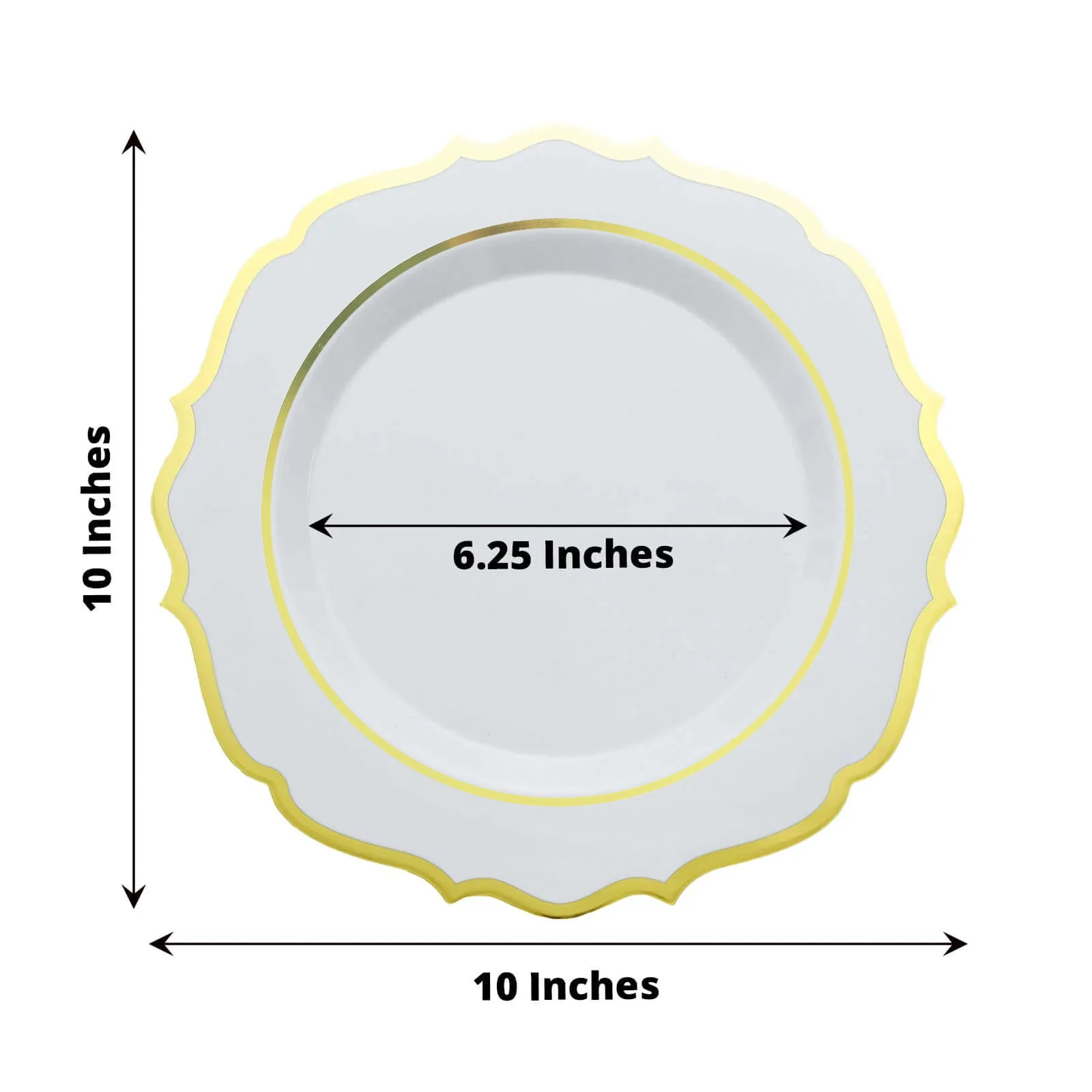 10-Pack Plastic 10" Round Dinner Plates in White with Gold Scalloped Rim - Disposable Party Plates for Chic Banquets & Special Occasions - Image 3