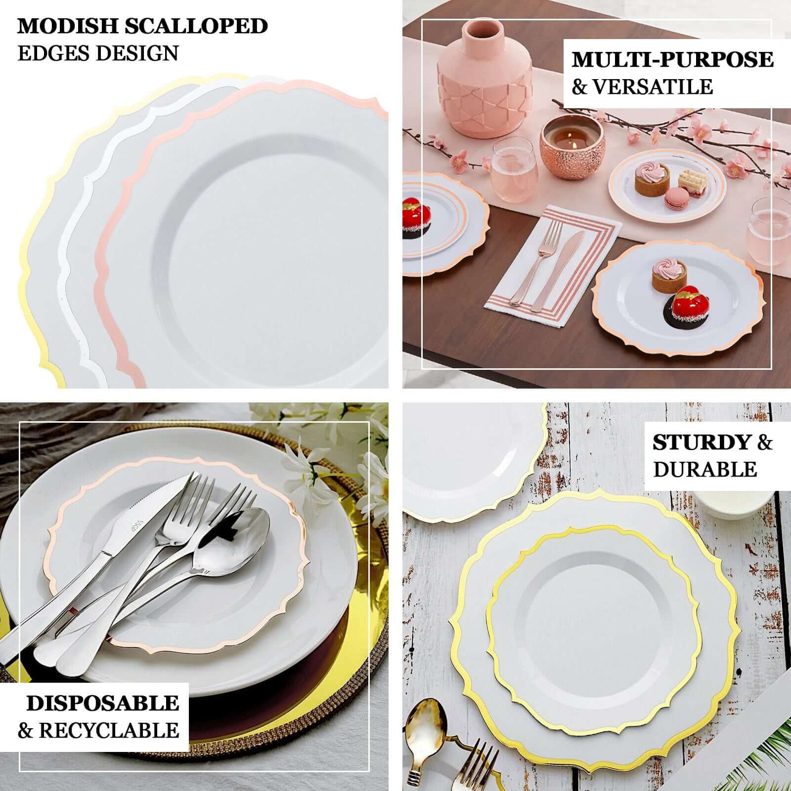 10-Pack Plastic 10" Round Dinner Plates in White with Gold Scalloped Rim - Disposable Party Plates for Chic Banquets & Special Occasions - Image 4