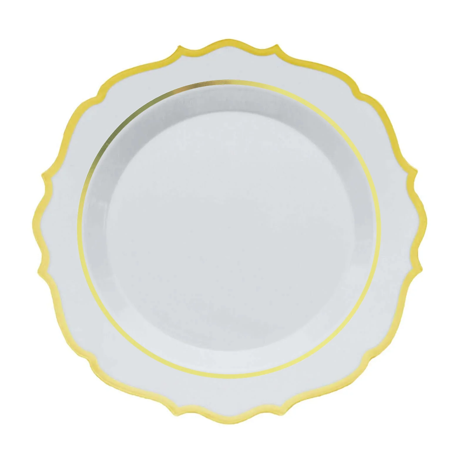 10-Pack Plastic 10" Round Dinner Plates in White with Gold Scalloped Rim - Disposable Party Plates for Chic Banquets & Special Occasions - Image 7