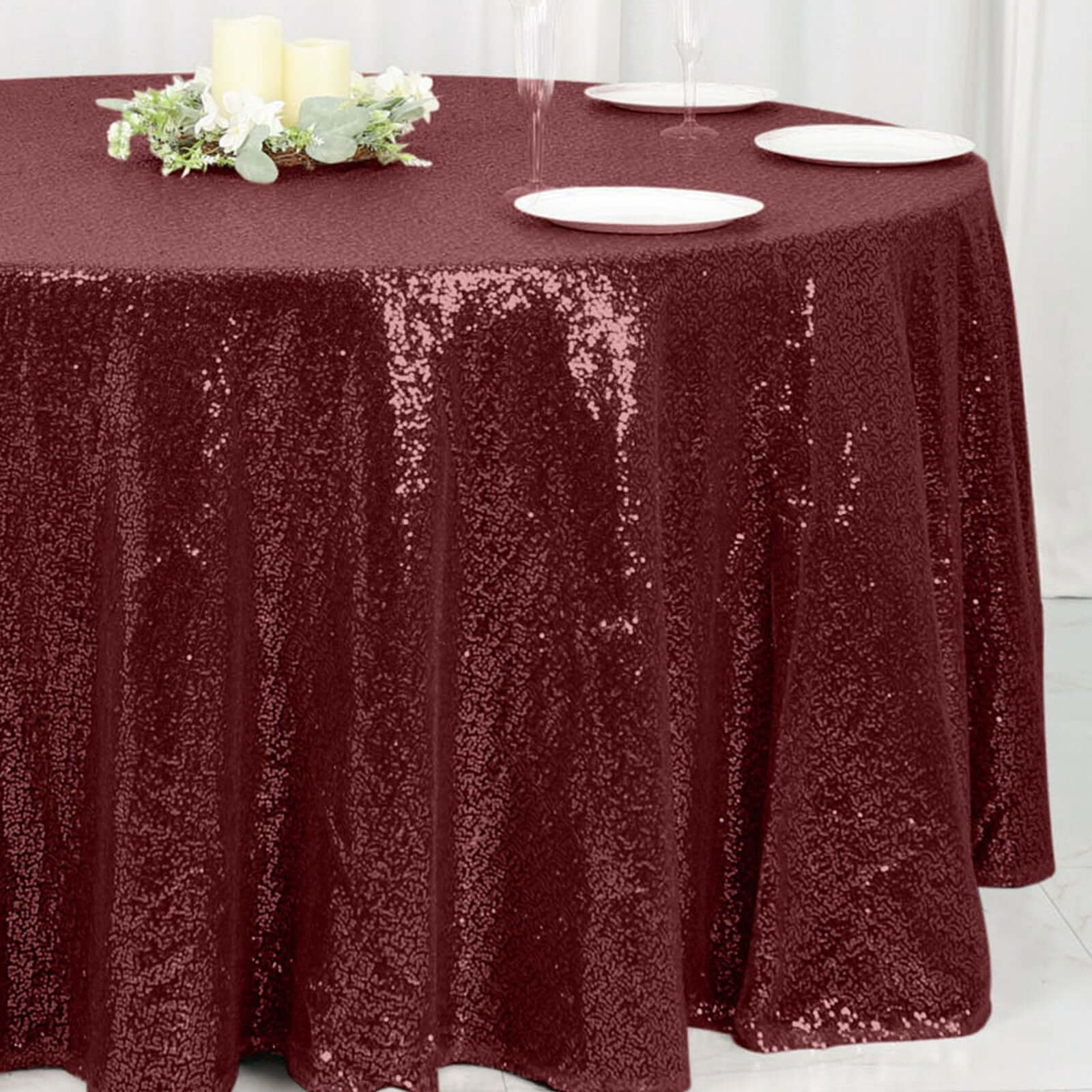 Sequin 120" Round Tablecloth Burgundy - Seamless Glittering Table Cover - Image 3