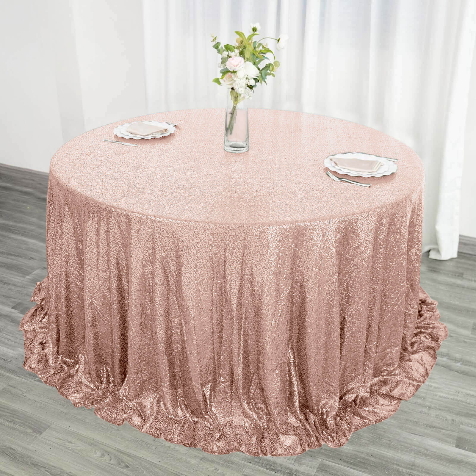 Sequin 132" Round Tablecloth Rose Gold - Seamless Dazzling Table Cover - Image 2
