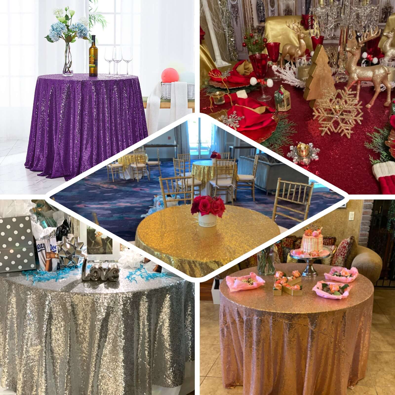 Sequin 132" Round Tablecloth Rose Gold - Seamless Dazzling Table Cover - Image 4