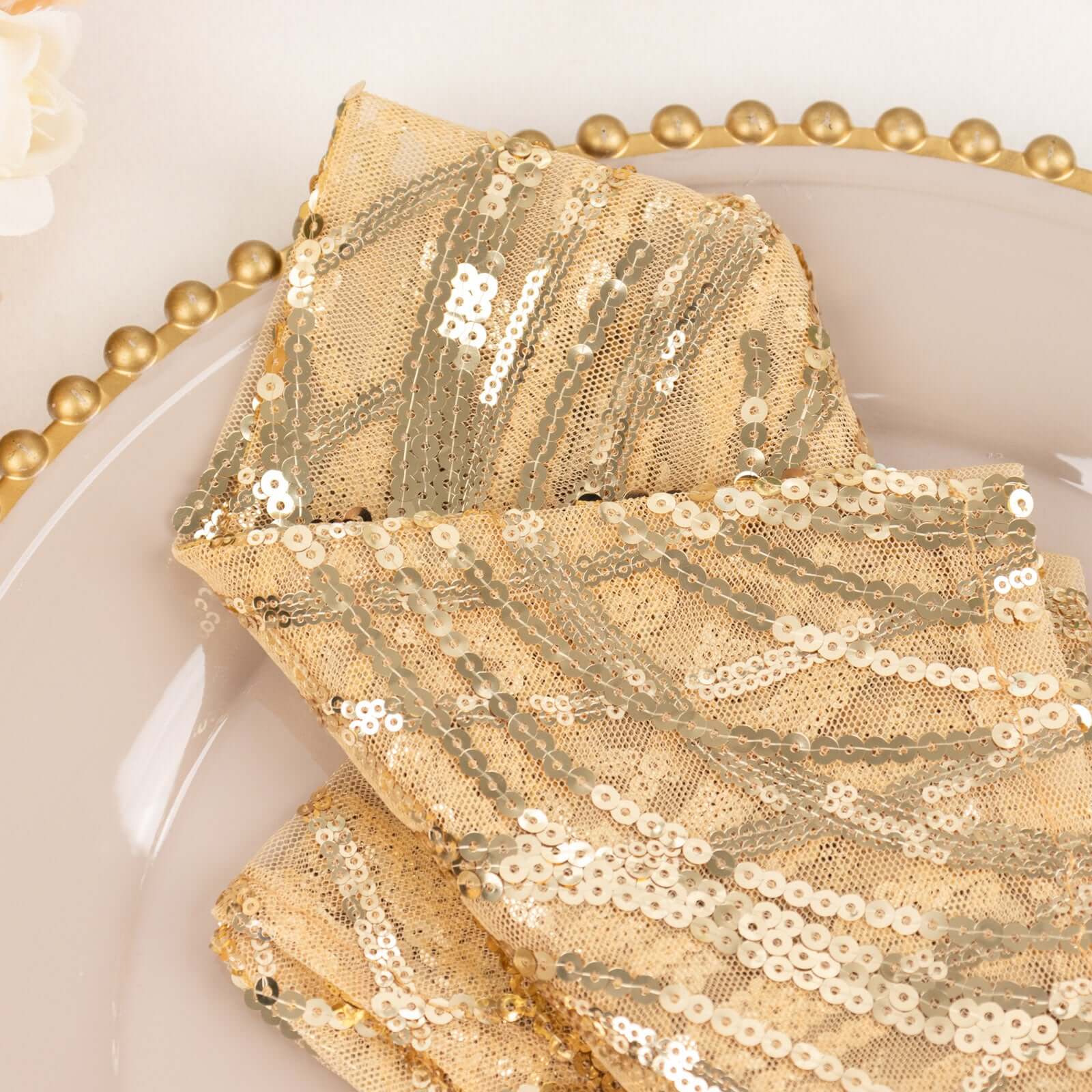 Sequin Mesh 20"x20" Napkin Champagne - Wave Embroidered Reusable Napkin - Image 10