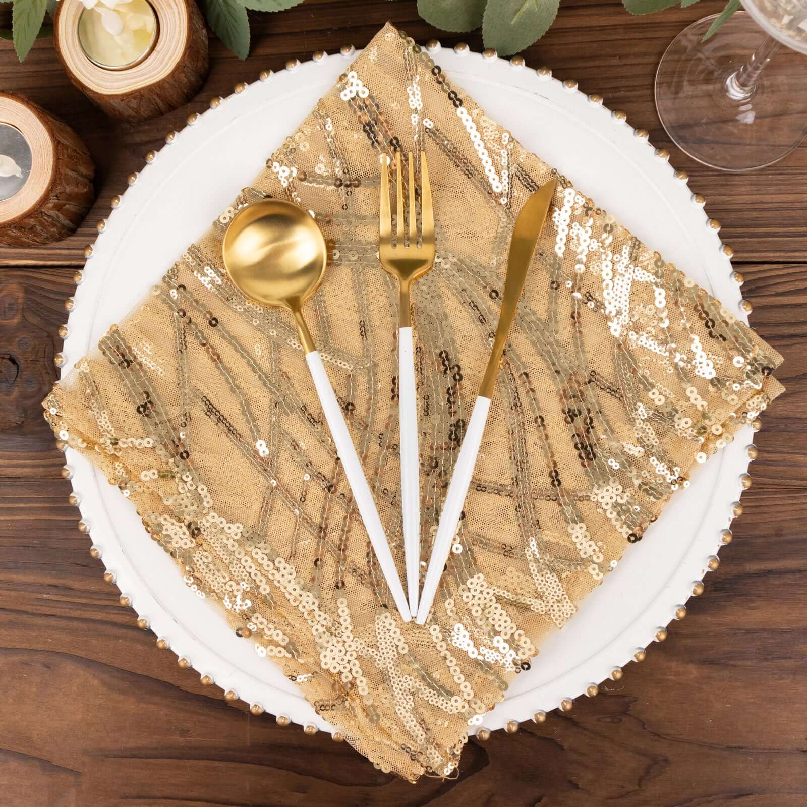 Sequin Mesh 20"x20" Napkin Champagne - Wave Embroidered Reusable Napkin - Image 7
